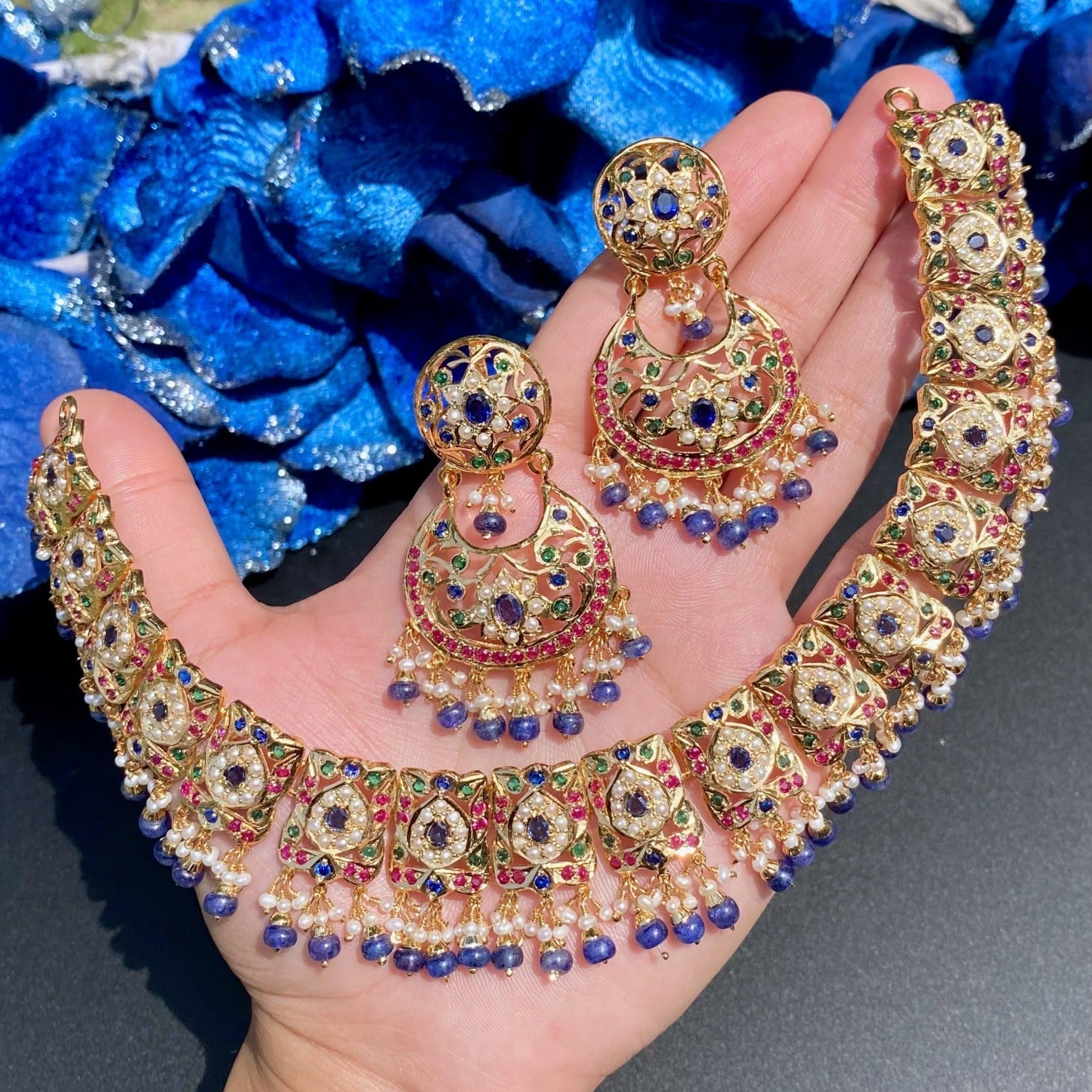 karachi necklace set with neelam blue sapphire stones