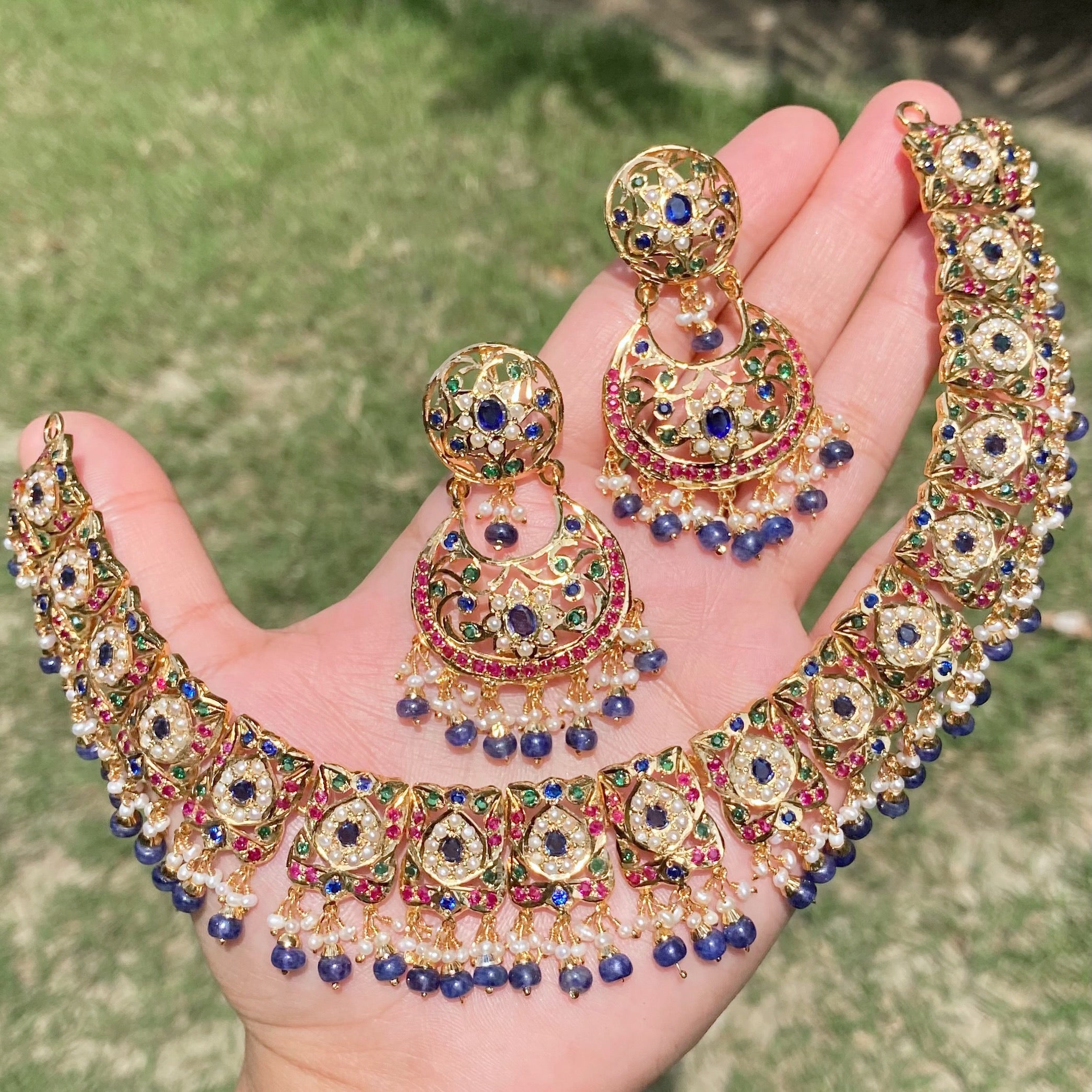 karachi necklace set with neelam blue sapphire stones