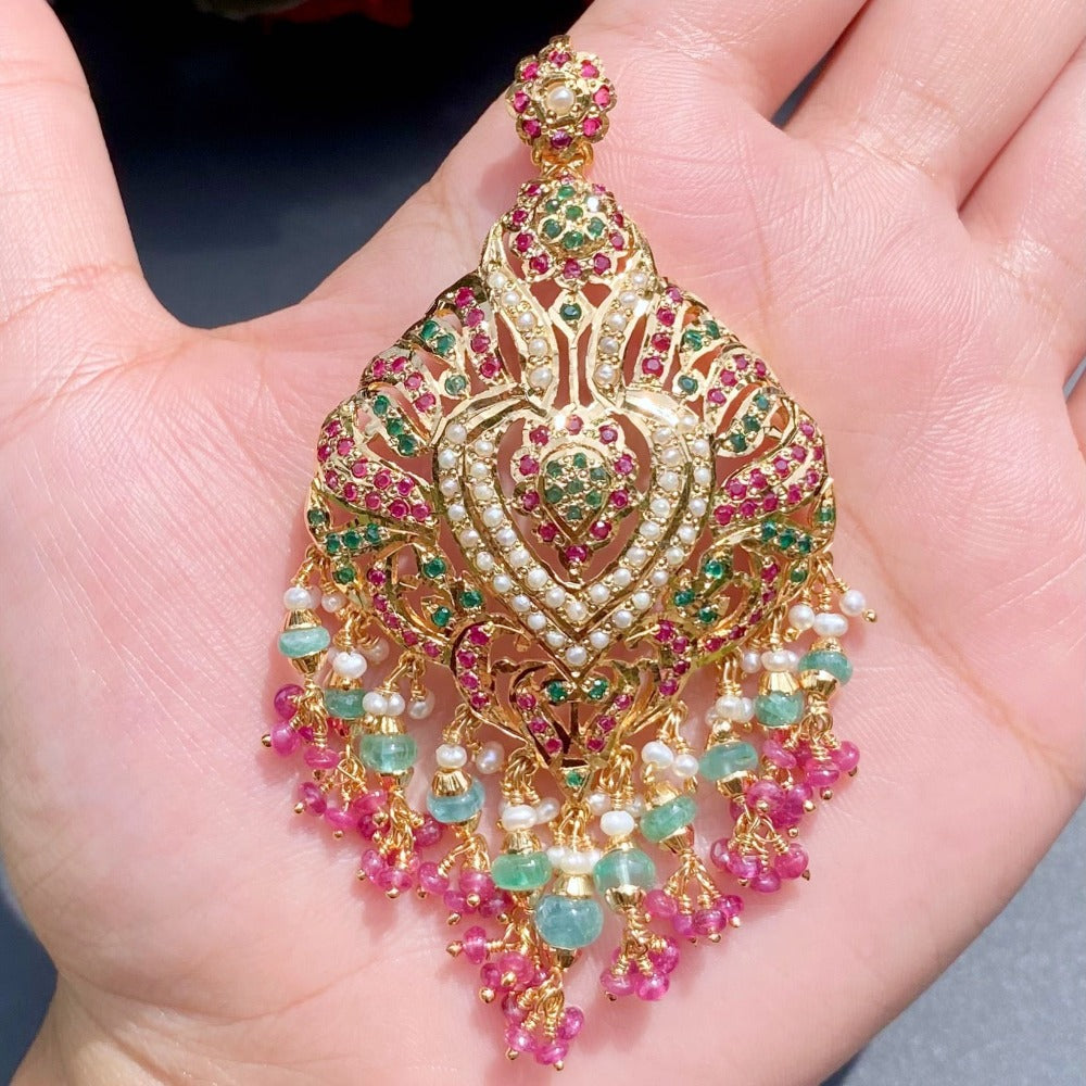 big indian ruby emerald pearl locket set