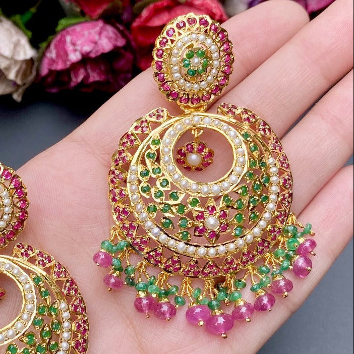 Gold Plated Ruby Emerald Pearl Chandbali Earrings ER 193