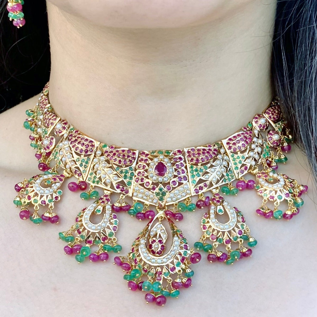 multicolored indian jadau necklace set in 22k gold