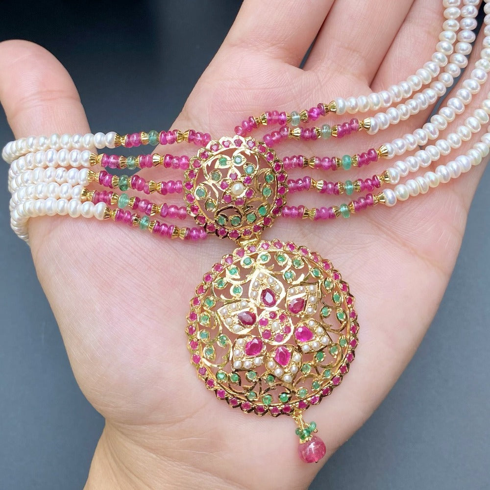 indian choker with ruby emerald pearls on gold