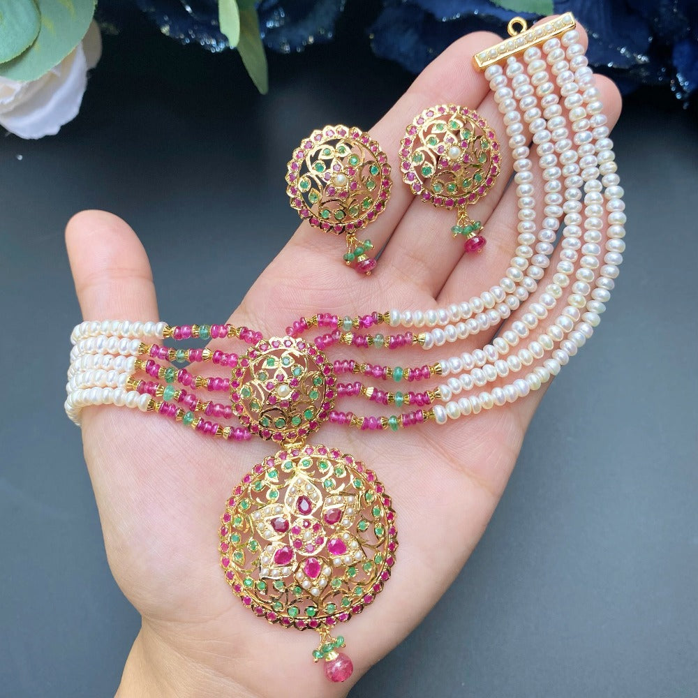 indian choker with ruby emerald pearls on gold