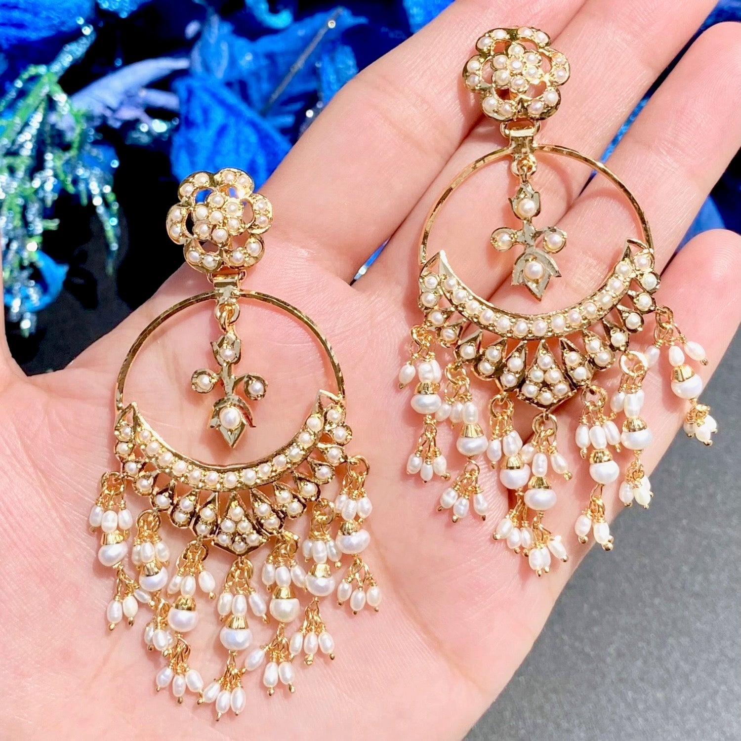Fine Hyderabadi Pearl Chandbali Ear rings Online | Indian Jadau Jewelry on 925 Silver ER 148