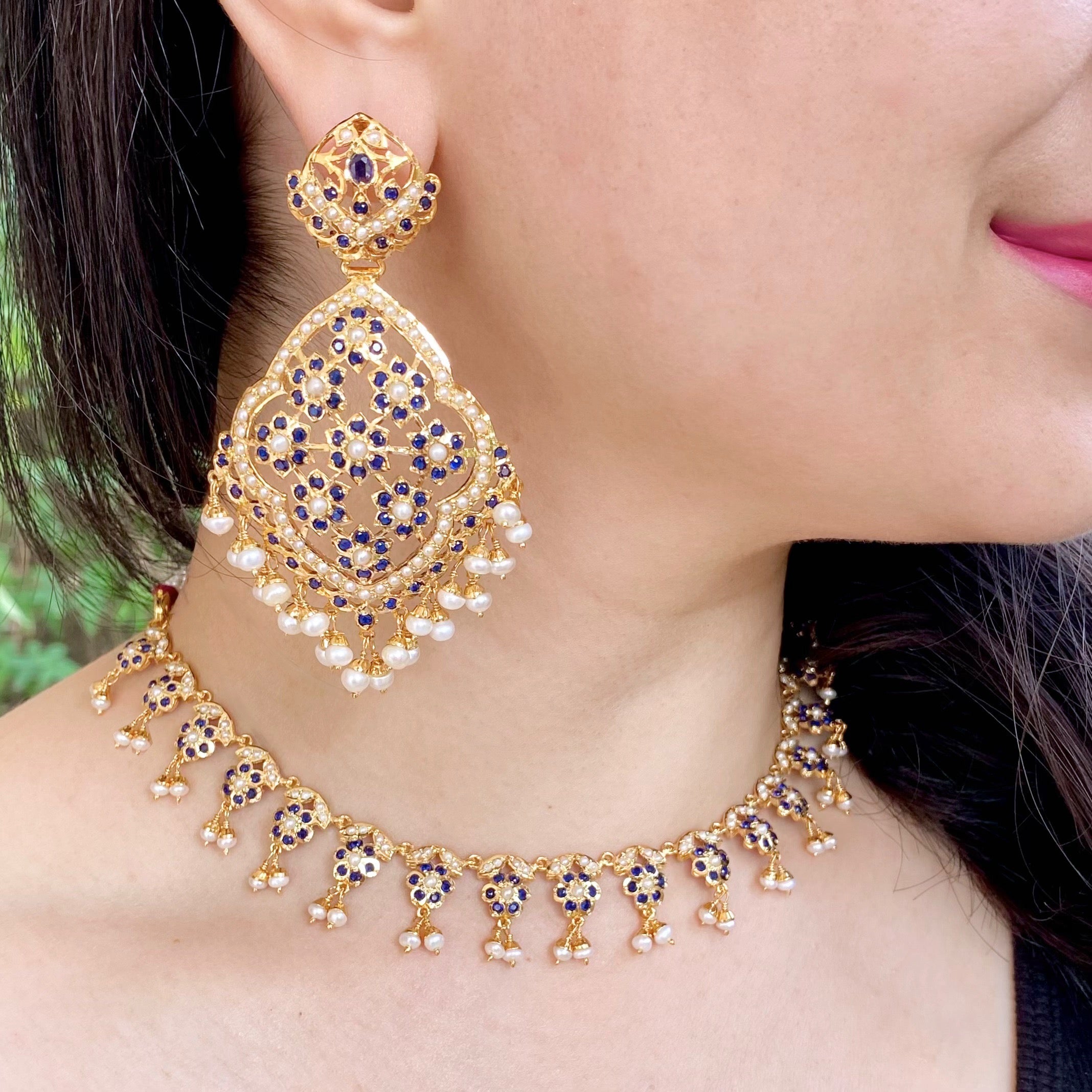 pakistani neelam necklace set gold plated