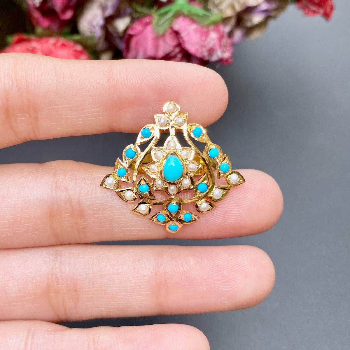 pearl turquoise ring in 22ct gold