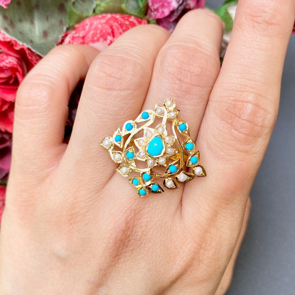 pearl turquoise ring in 22ct gold