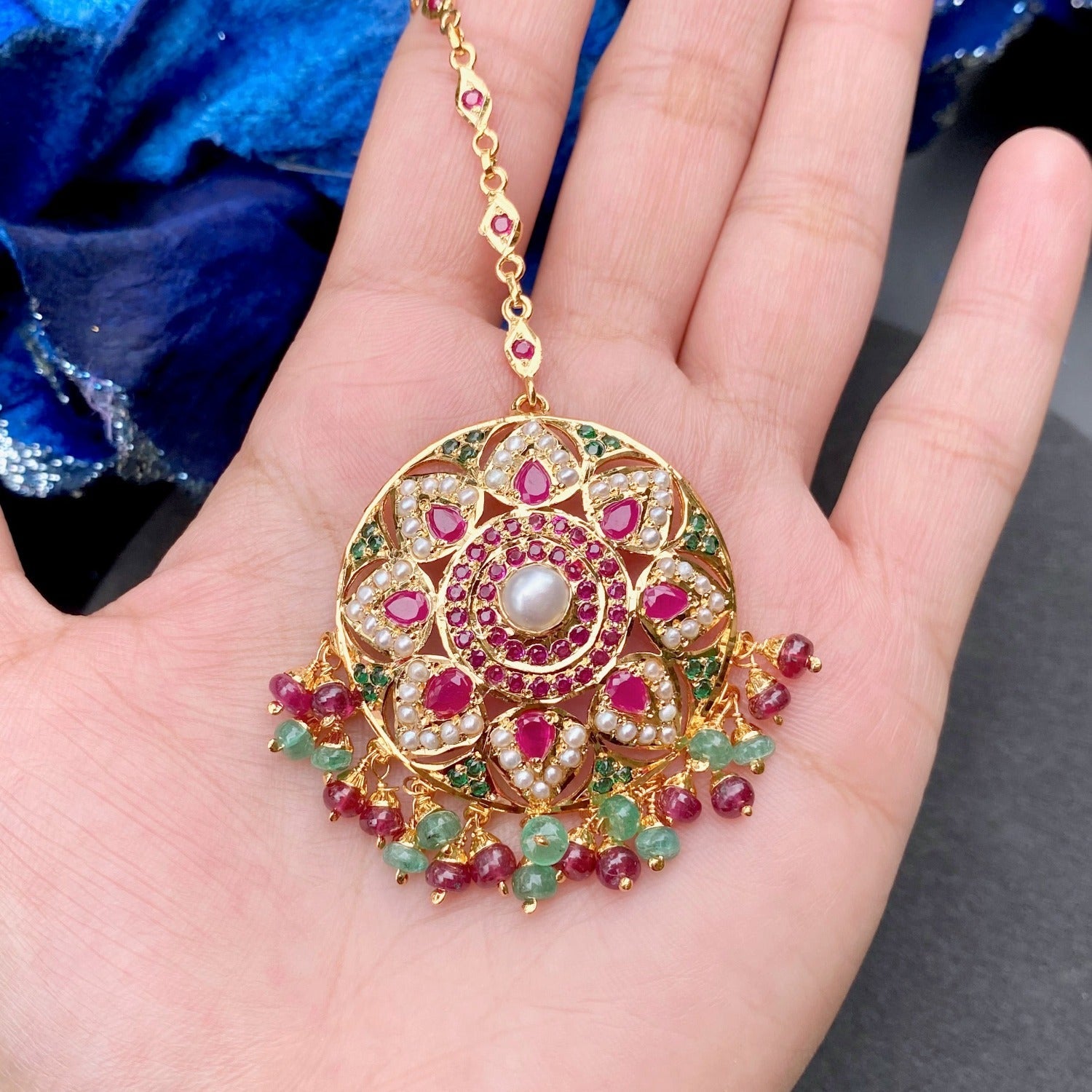 round ruby emerald Jadau maang tikka