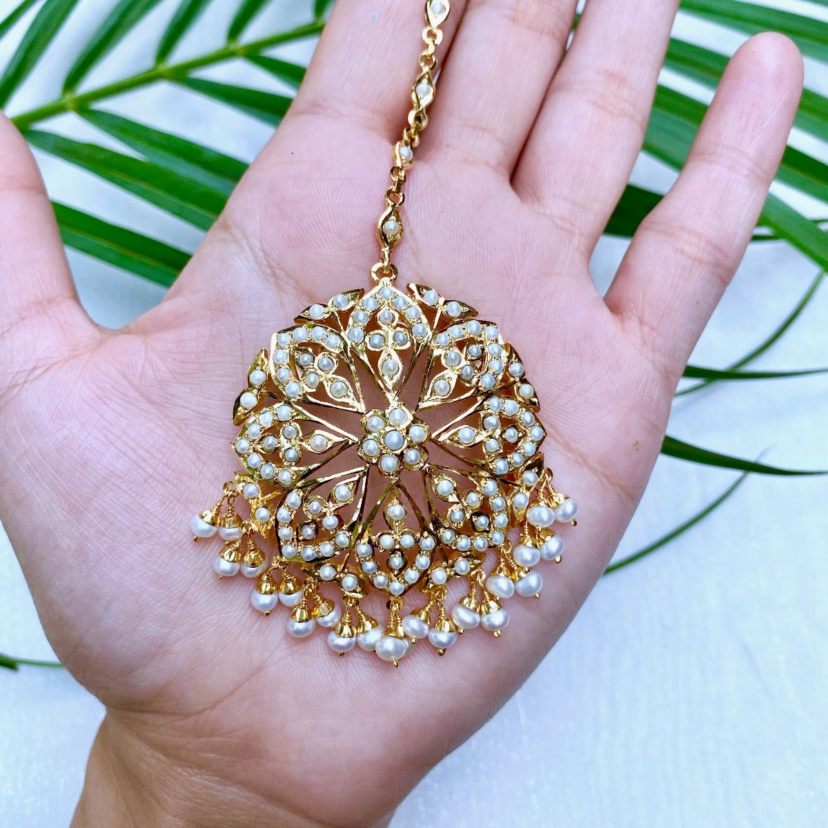big indian gold plated round pearl tikka