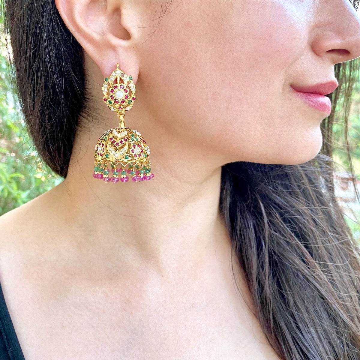ruby emerald jhumka earrings