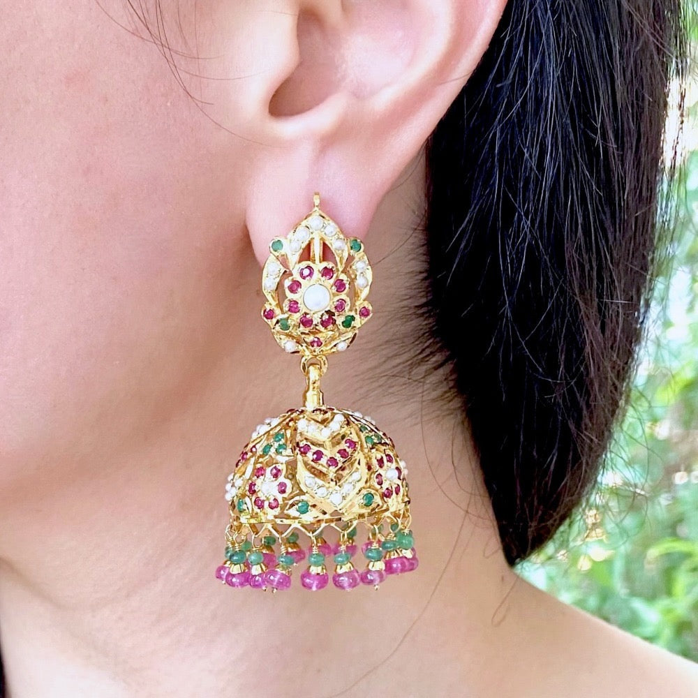 ruby emerald jhumka earrings