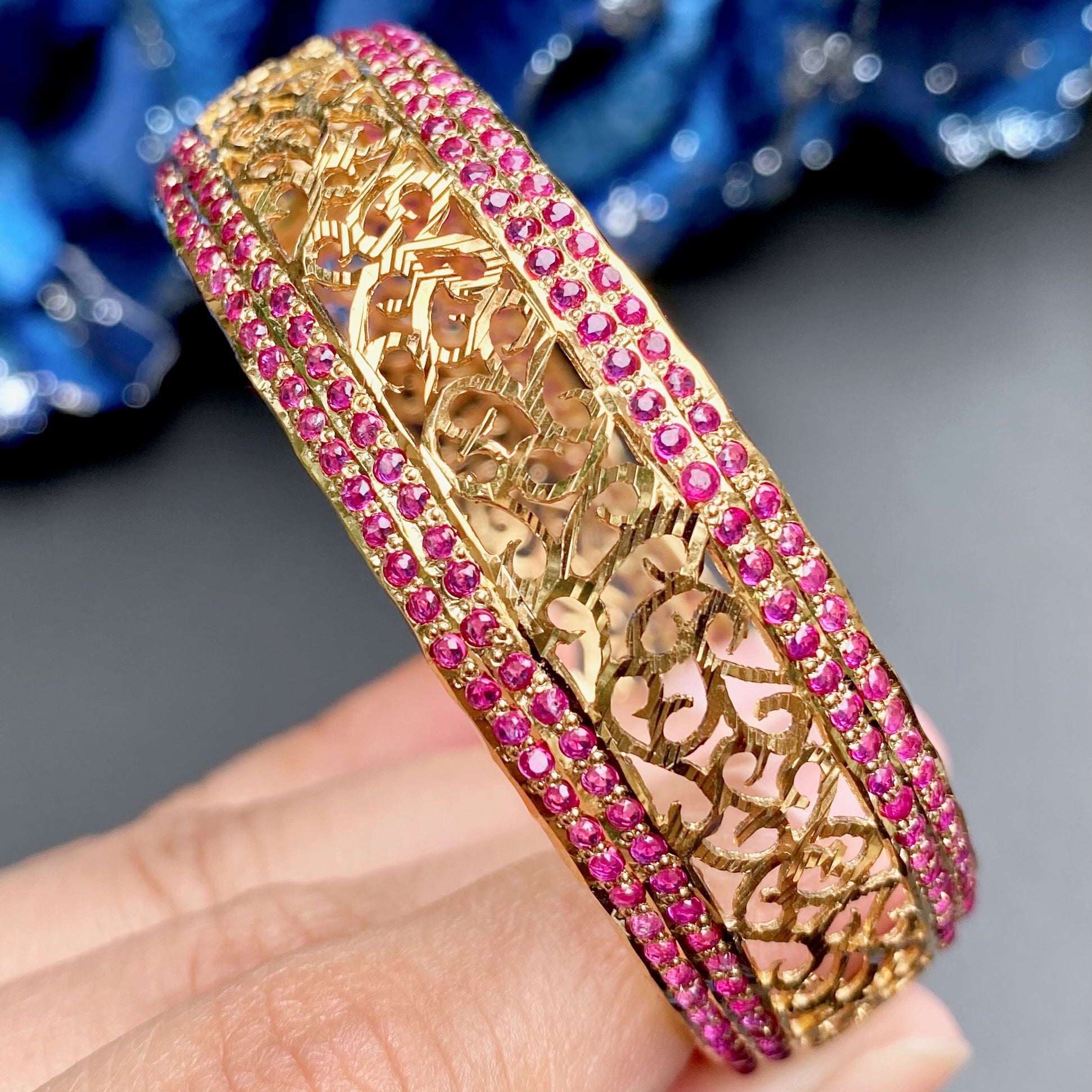 indian jadau bangle with jali work gold plated on sterling silver ruby red stones
