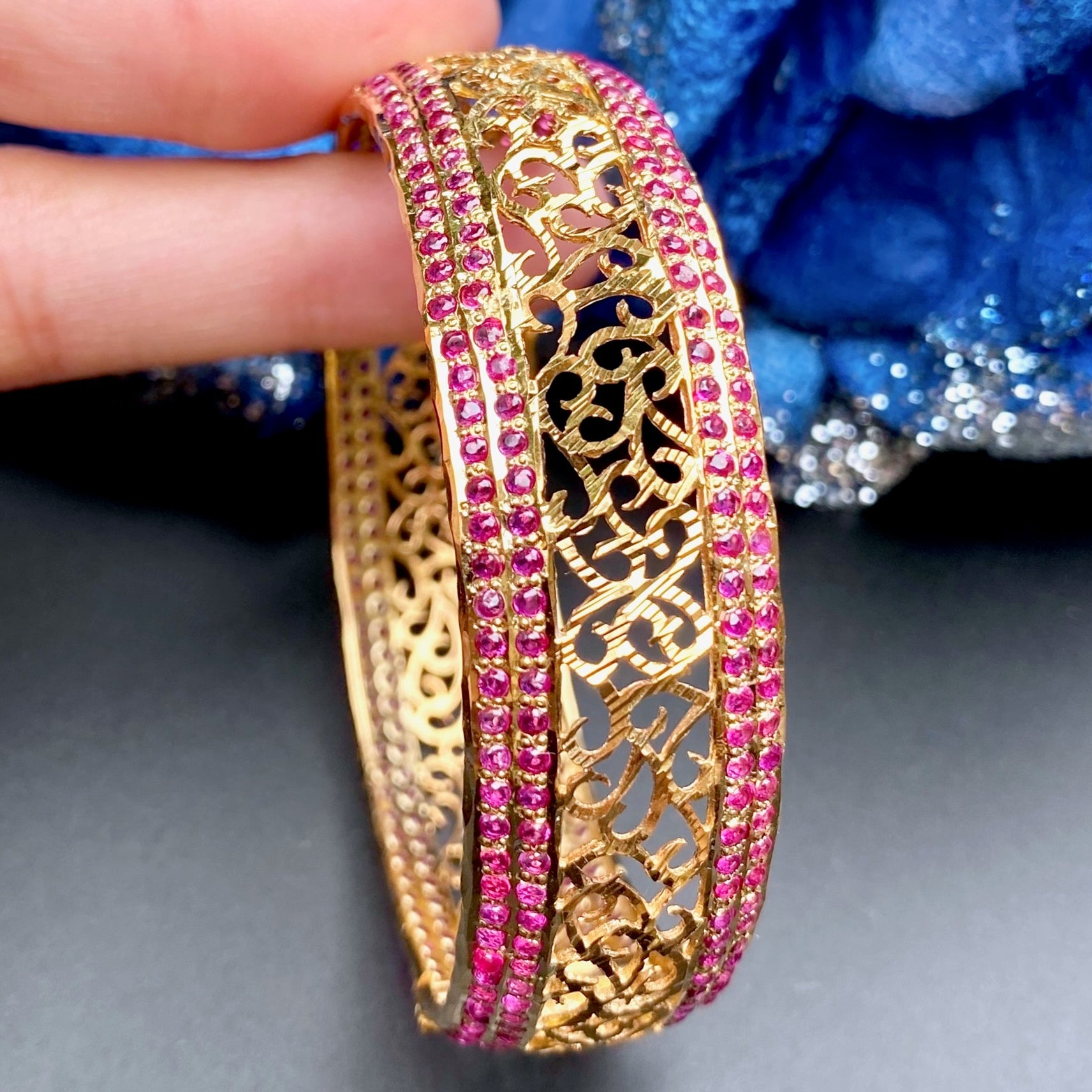 indian jadau bangle with jali work gold plated on sterling silver ruby red stones