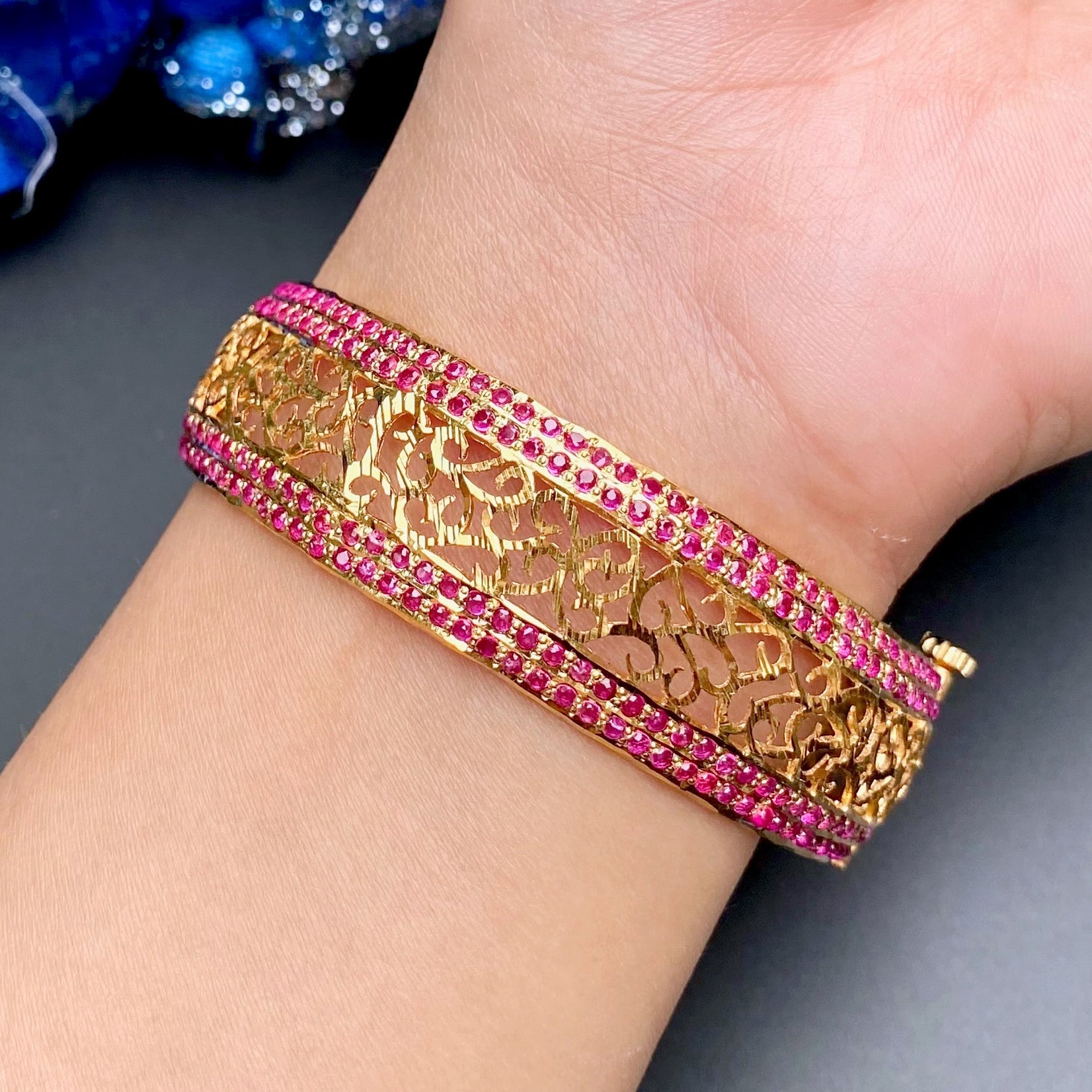 indian jadau bangle with jali work gold plated on sterling silver ruby red stones