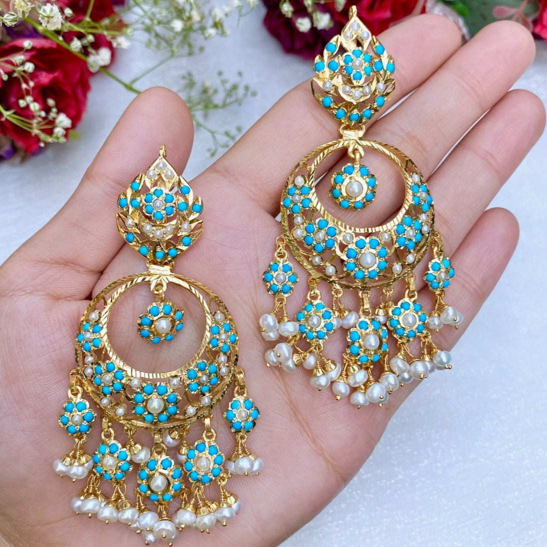 long pakistani earrings in turquoise