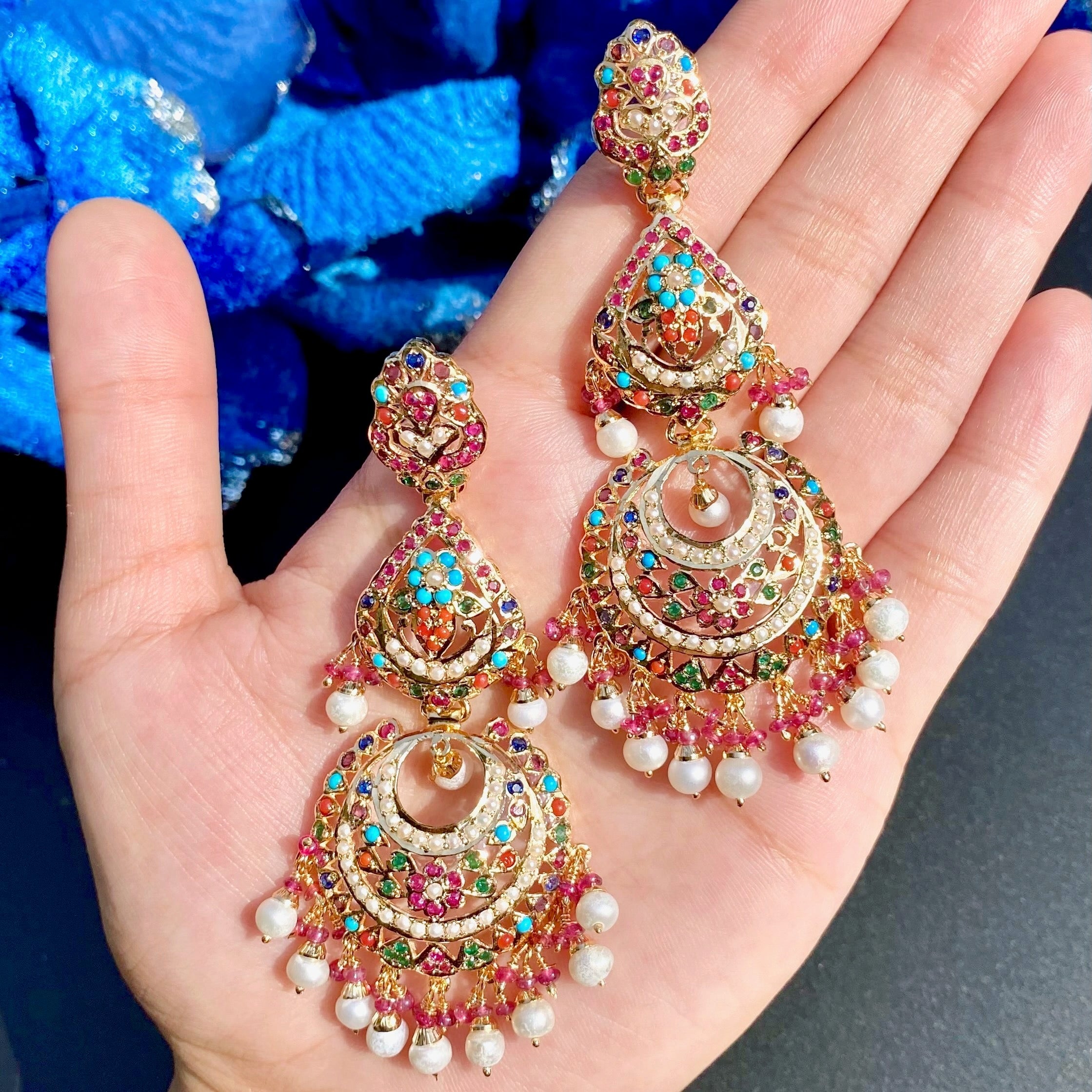 Gold Plated Long Chandbali Earrings | Studded with Navaratna Colors ER 044