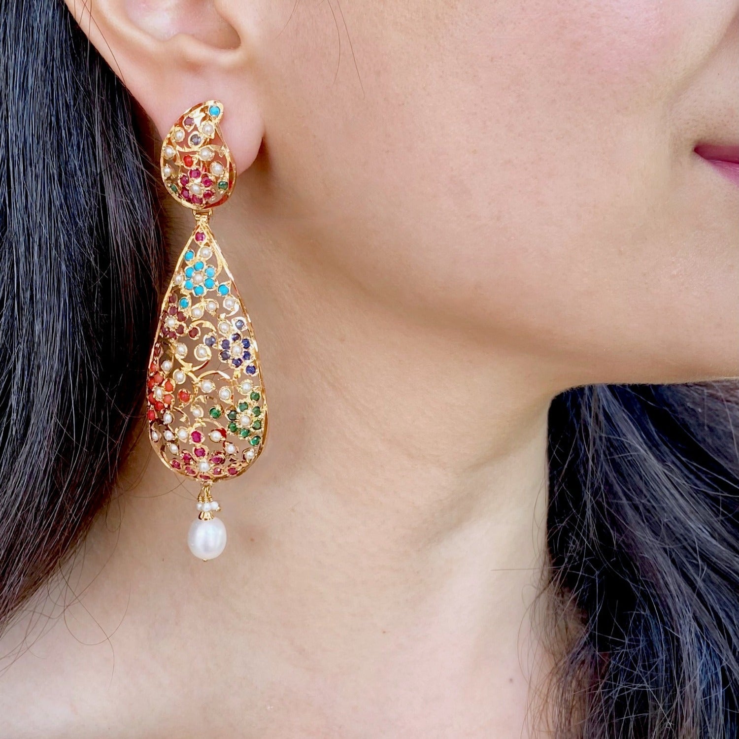 drop shaped long indian Navaratna earrings