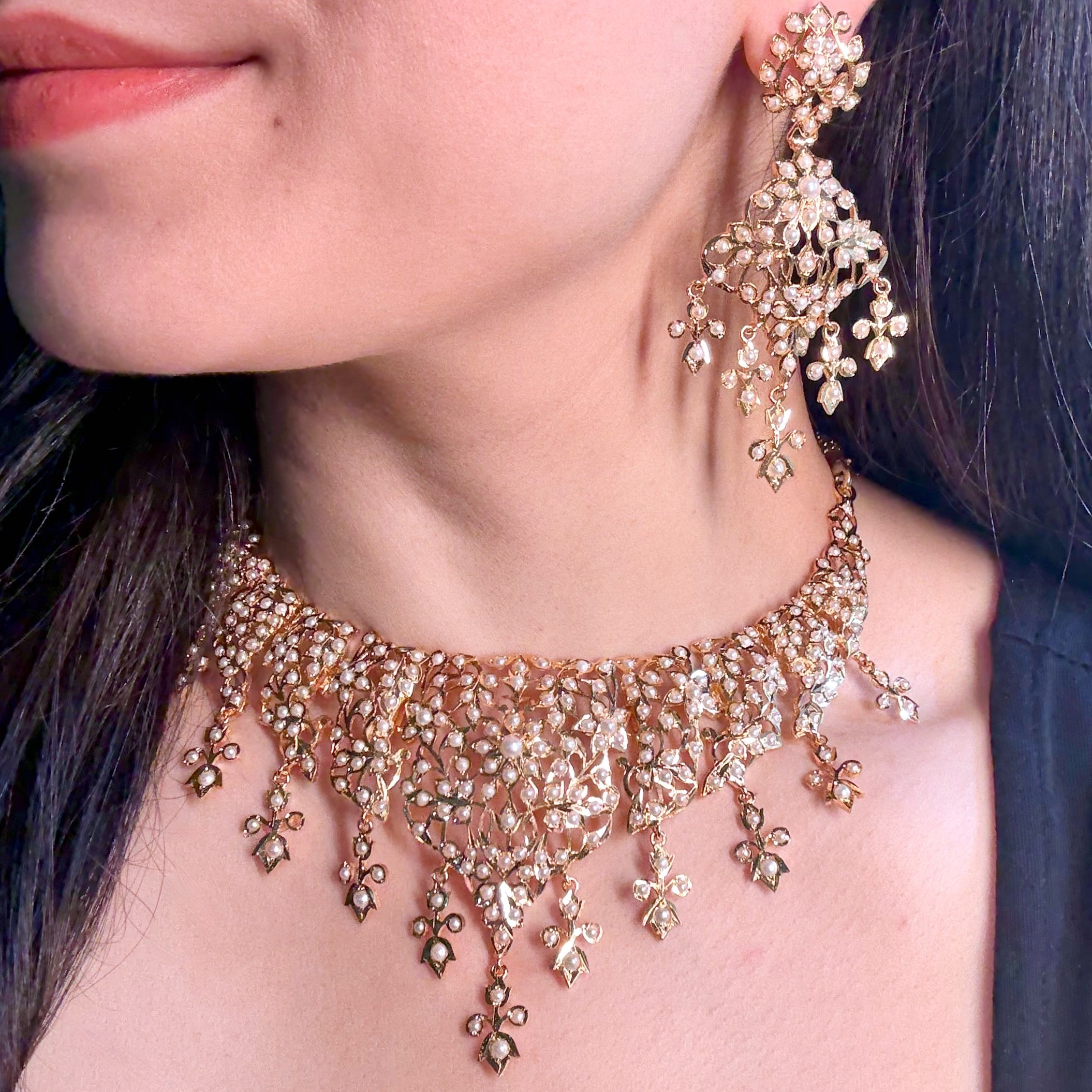 Unique Pearl Necklace Set | Antique Design | Gold Plated on Silver NS 414