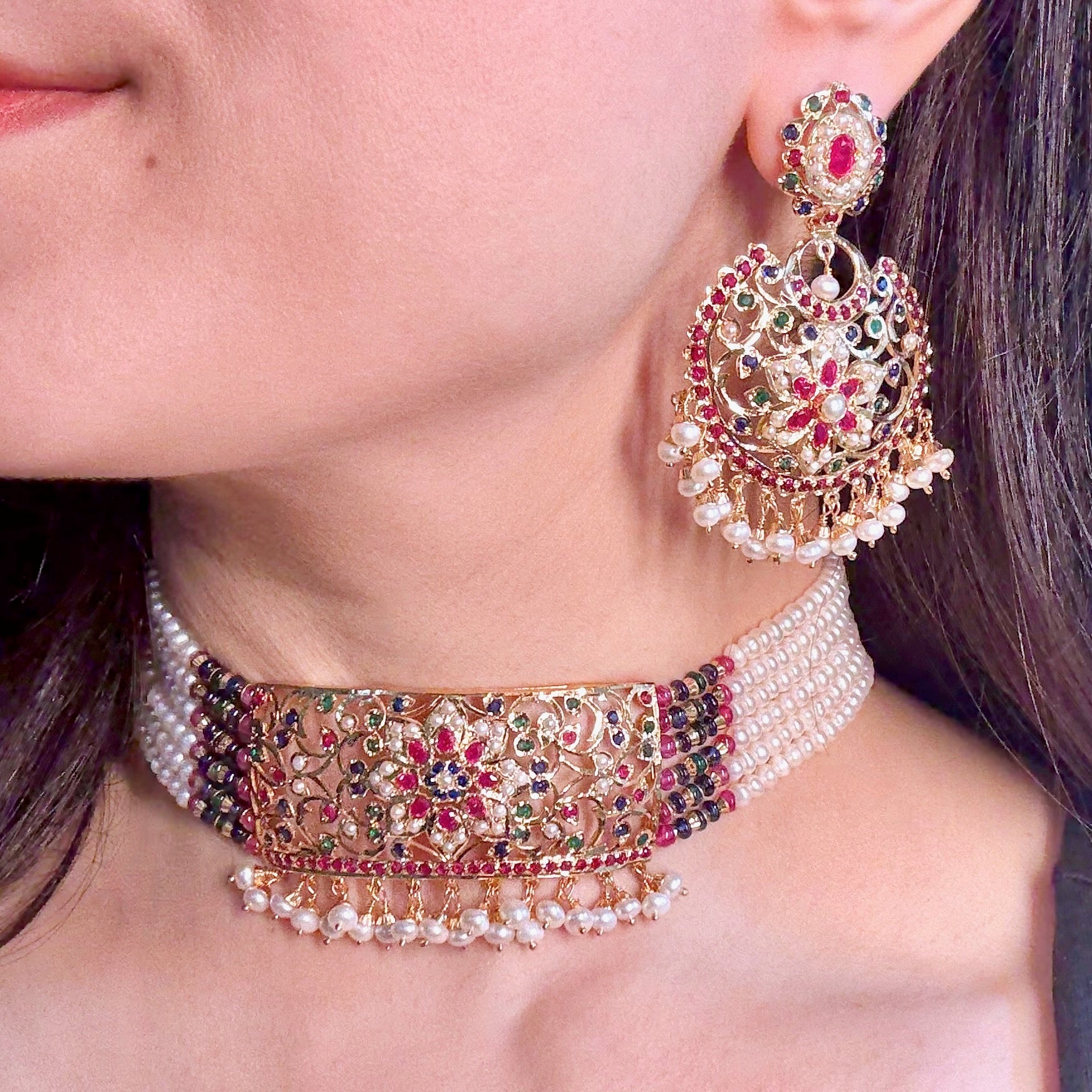 Multicolored Jadau Choker Set | Ethnic Indian Fashion Jewelry on Silver Base NS 416