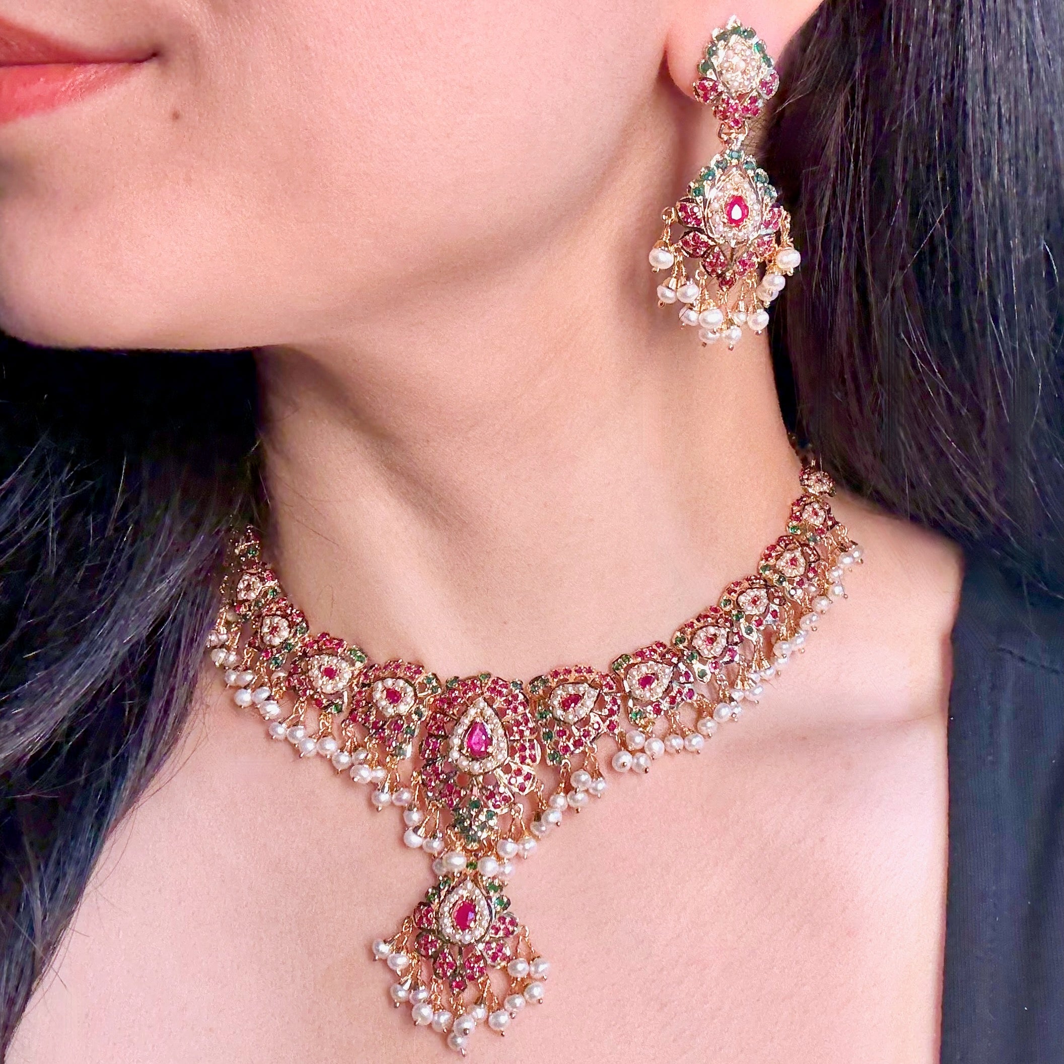 Ethnic Jadau Necklace Set | Gold Plated on Silver | Ruby Emerald Pearl Combination NS 421