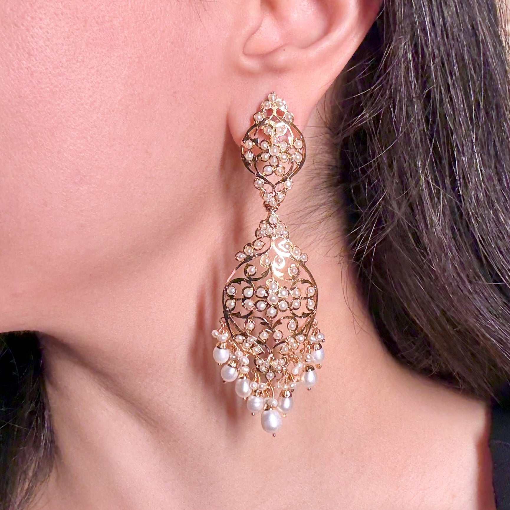 Antique Design Long Pearl Earrings | Edwardian Era Inspired | Freshwater Pearls on Silver ER 606