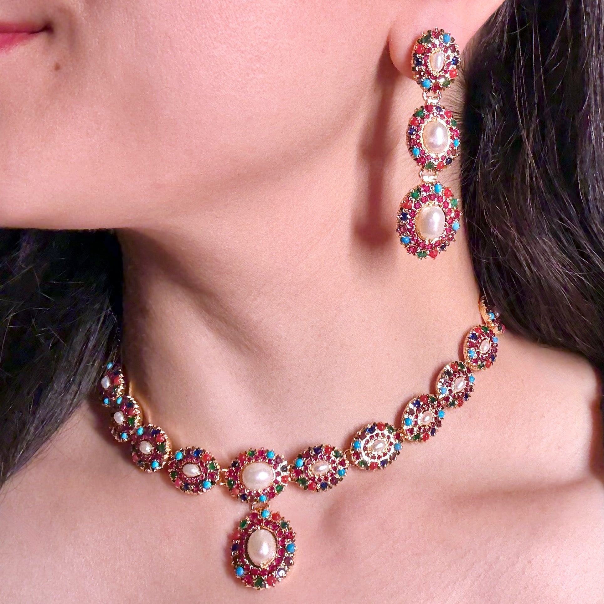 Unique Navratna Necklace Set | Gold Plated on Silver Jewelry | NS 420