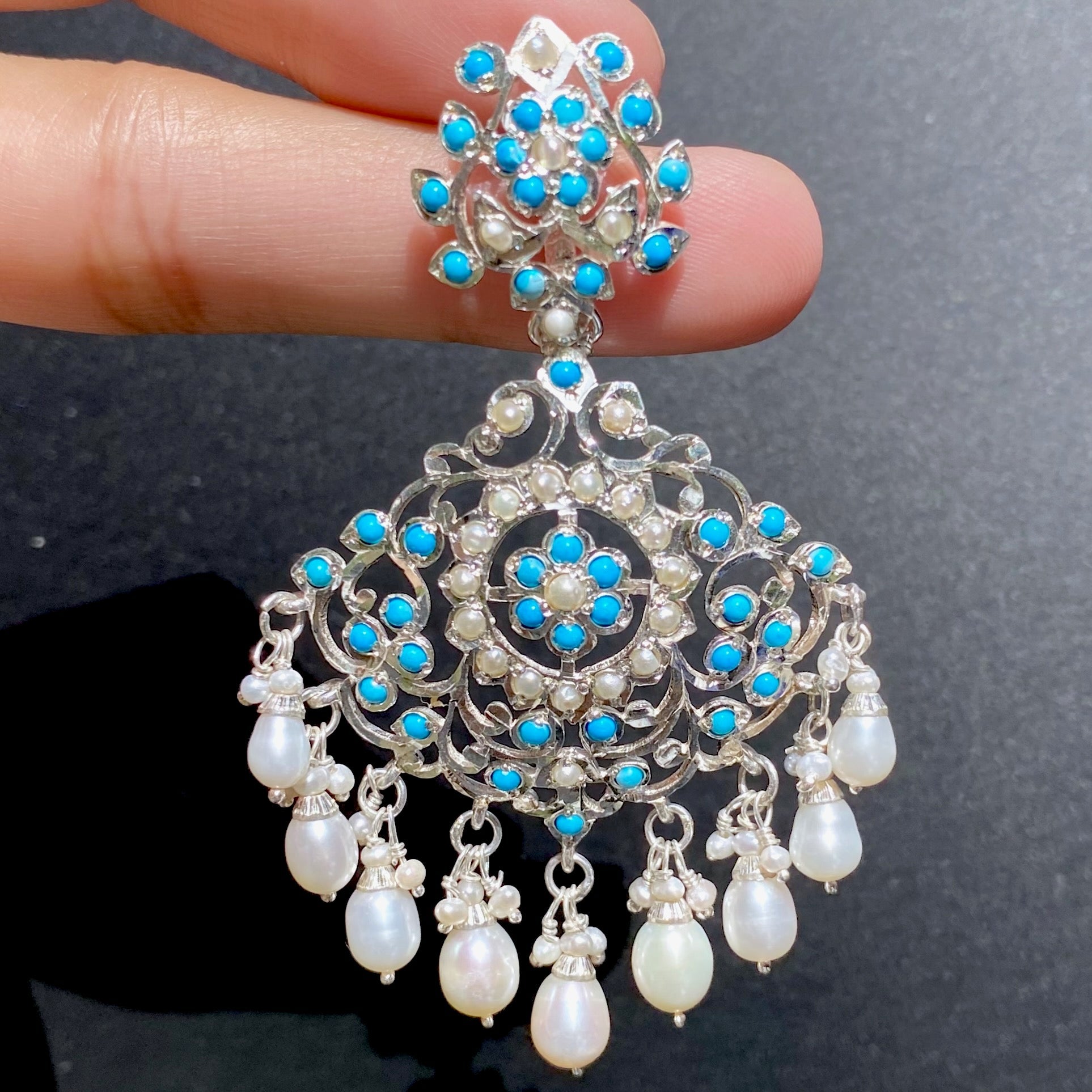 Edwardian Earrings | Pearls & Turquoise Studded | 925 Sterling Silver