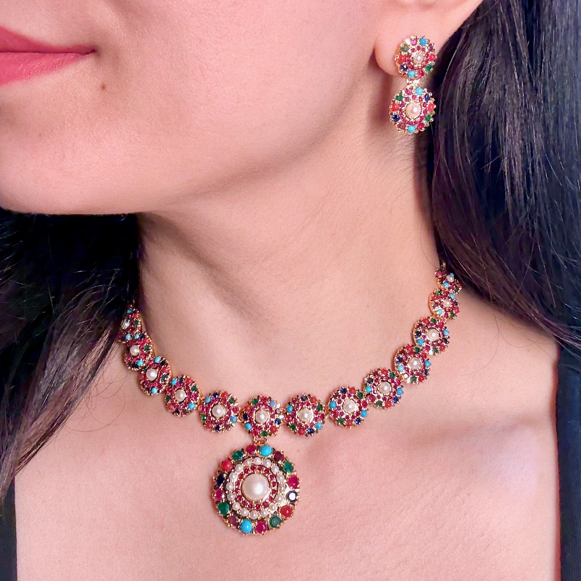 Sophisticated Navratna Necklace Set | 925 Sterling Silver with Gold Plating | NS 418