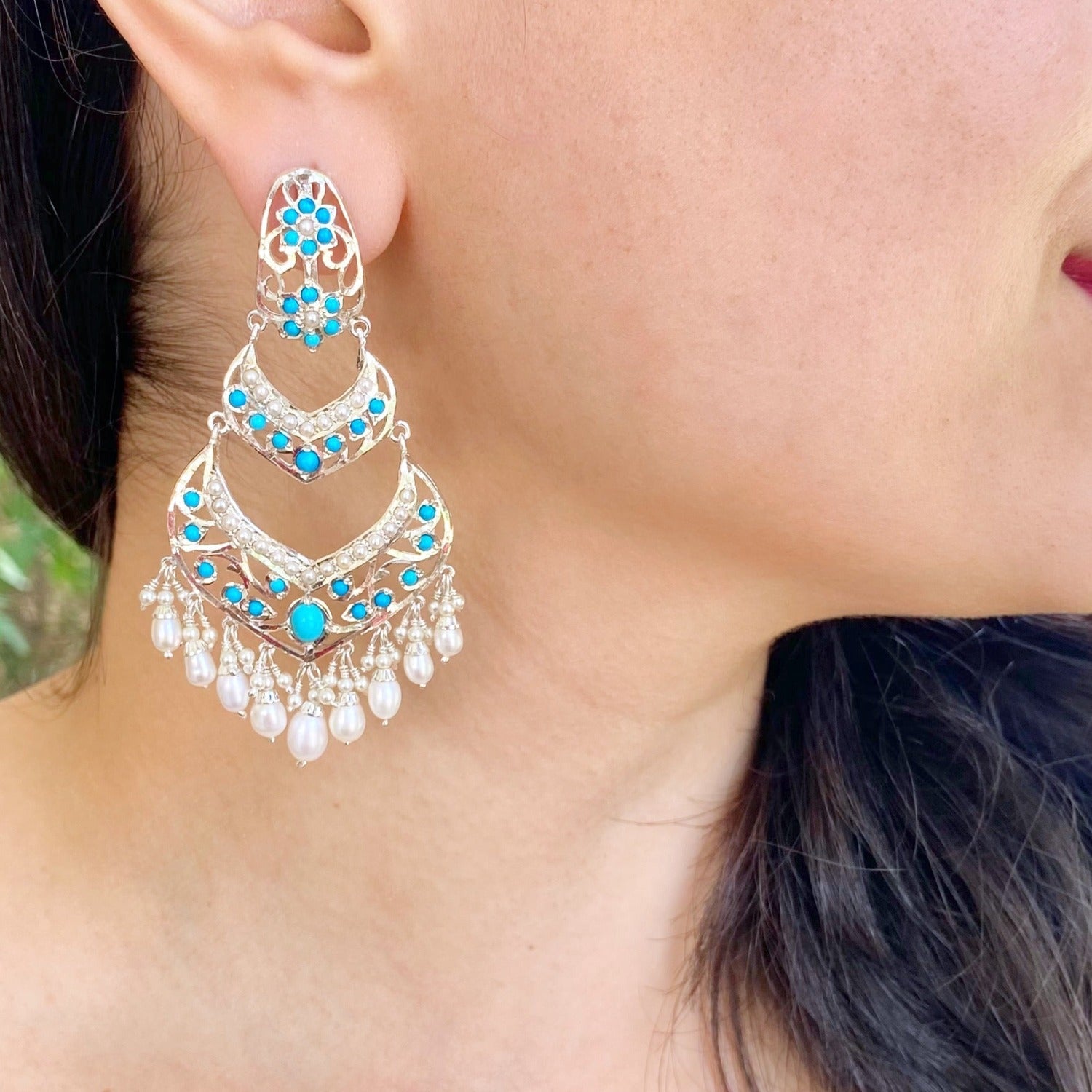 silver danglers with pearls and feroza