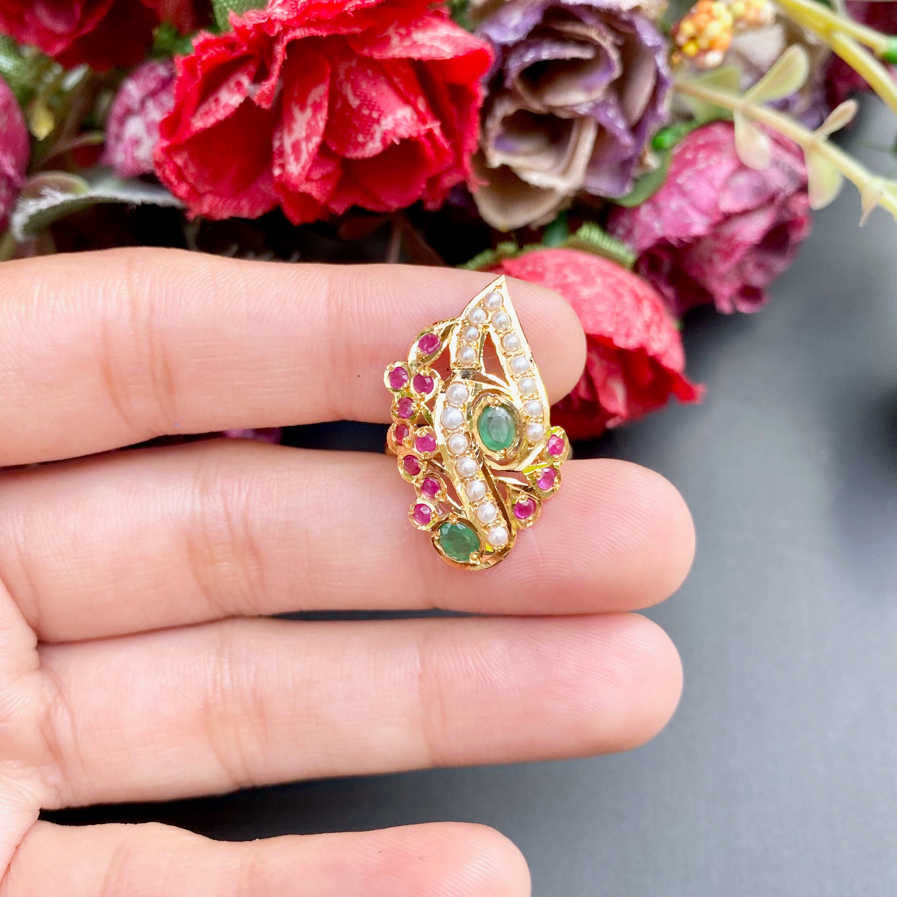 indian gold cocktail ring ruby and emerald