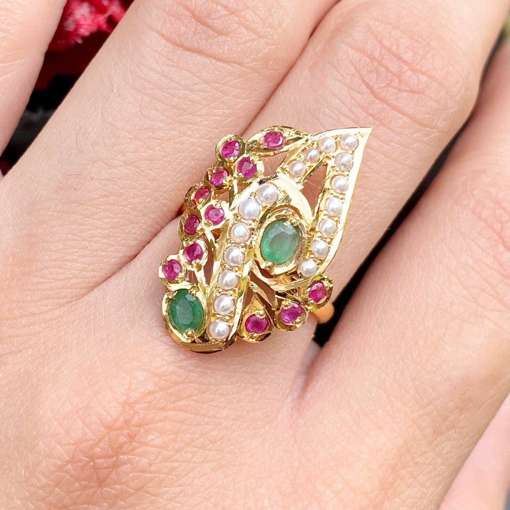 indian gold cocktail ring ruby and emerald