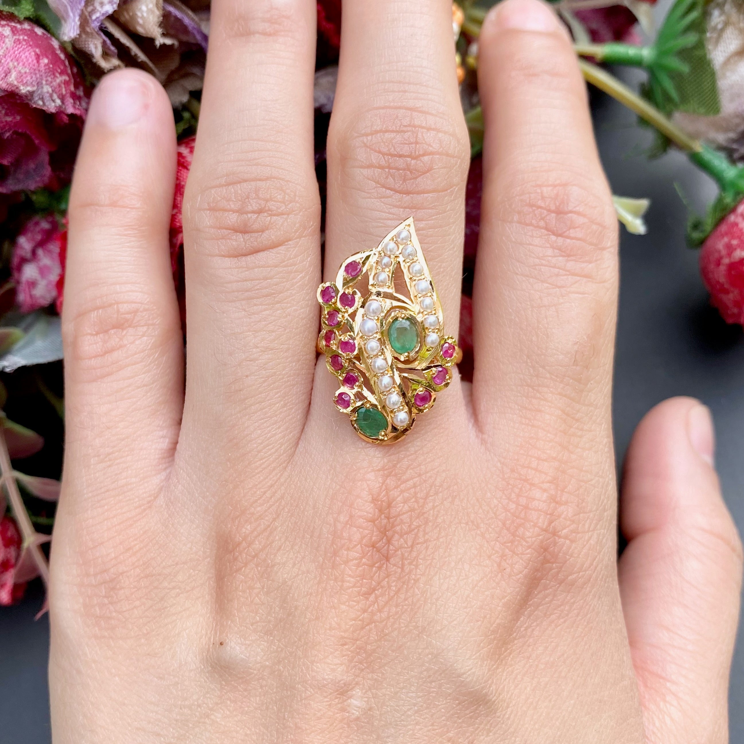 indian gold cocktail ring ruby and emerald