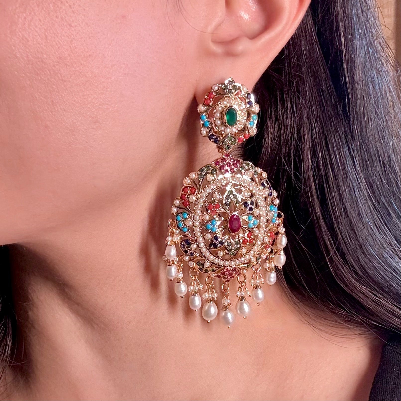 Navrattan Jadau Earrings in Gold Plated Silver ER 032