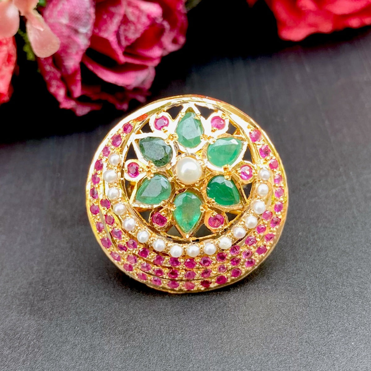 hyderabadi ruby emerald cocktail ring gold