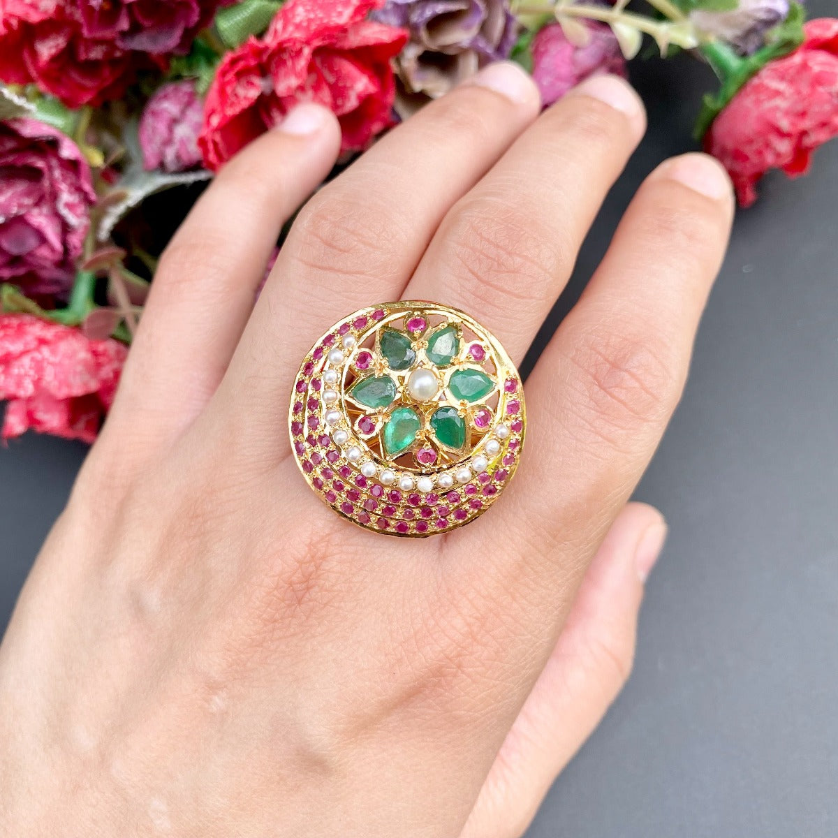 hyderabadi ruby emerald cocktail ring gold