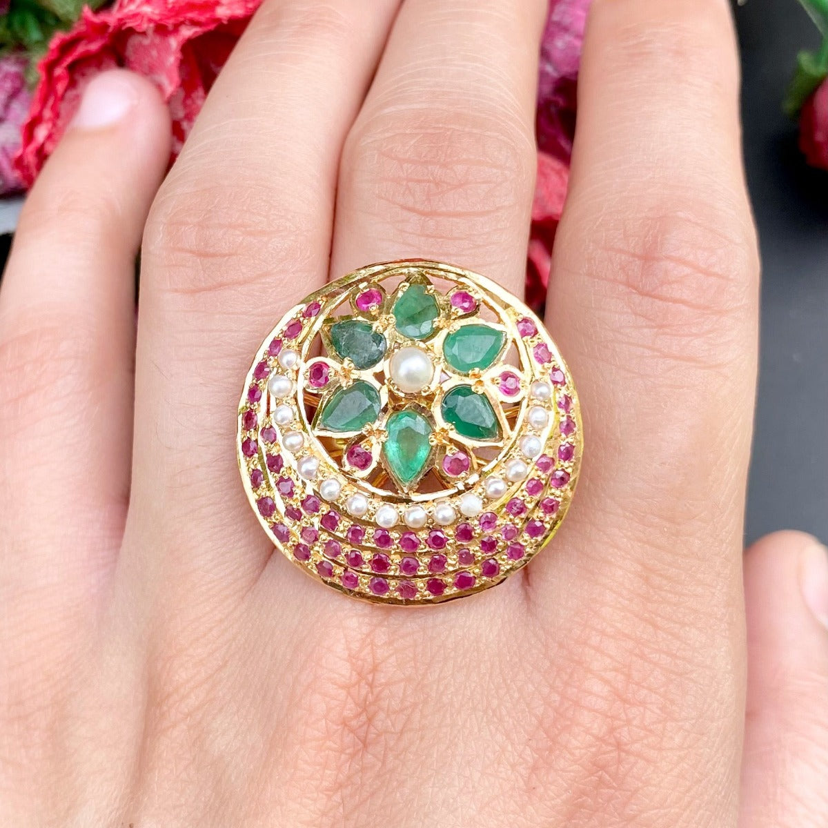 hyderabadi ruby emerald cocktail ring gold