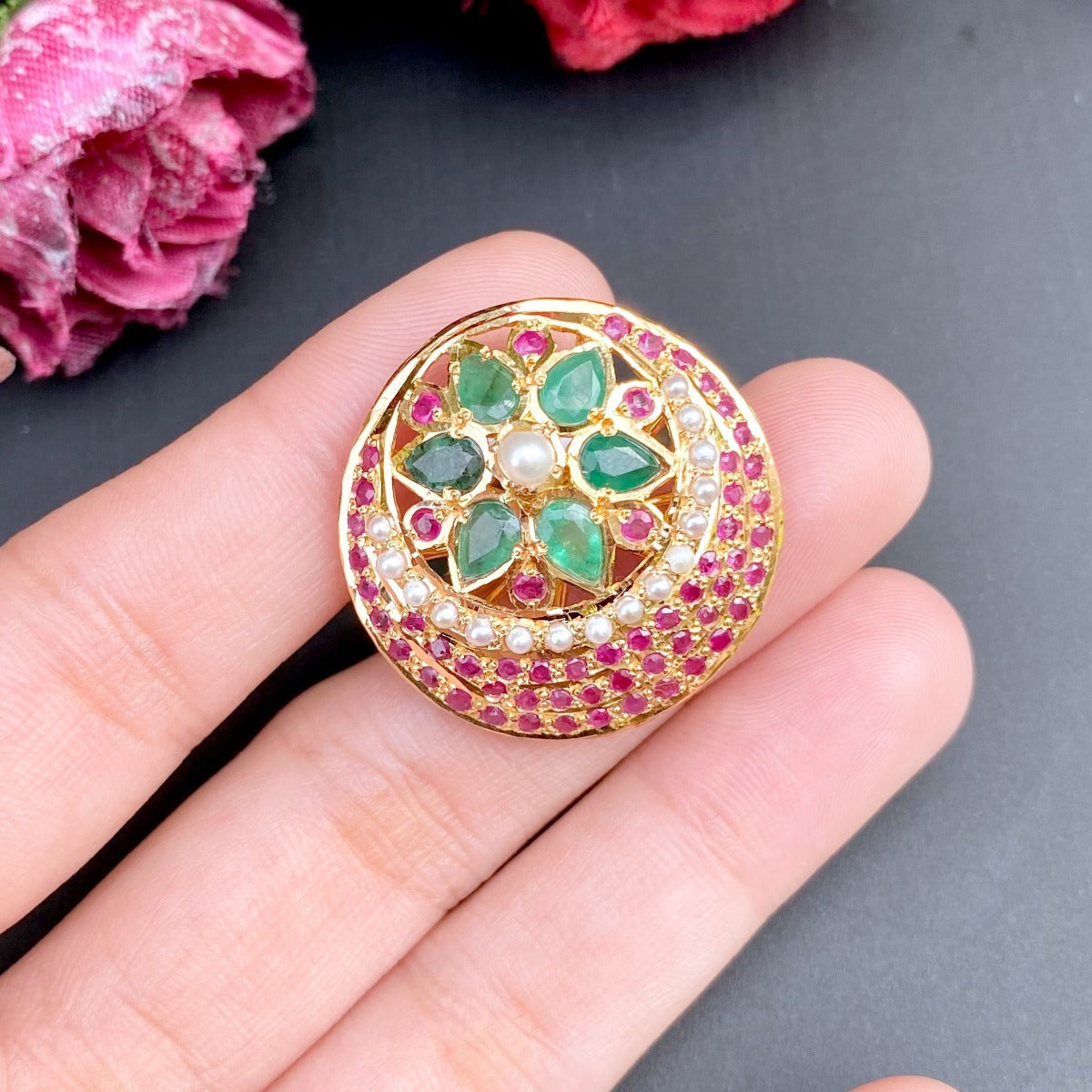 hyderabadi ruby emerald cocktail ring gold