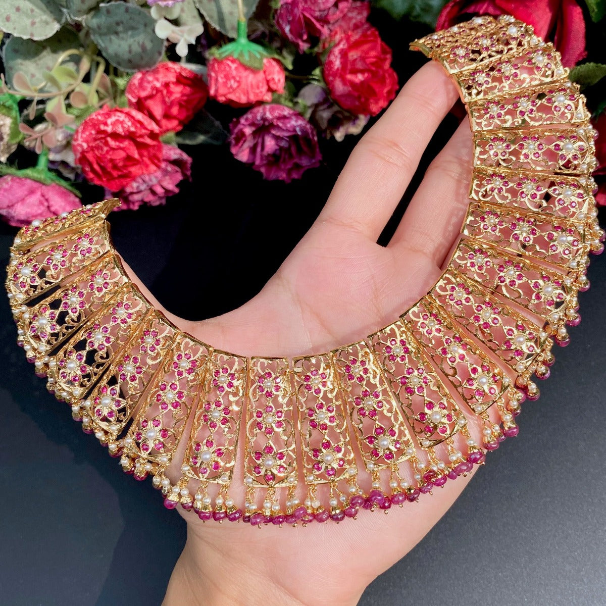 gold plated ruby pearl bridal set