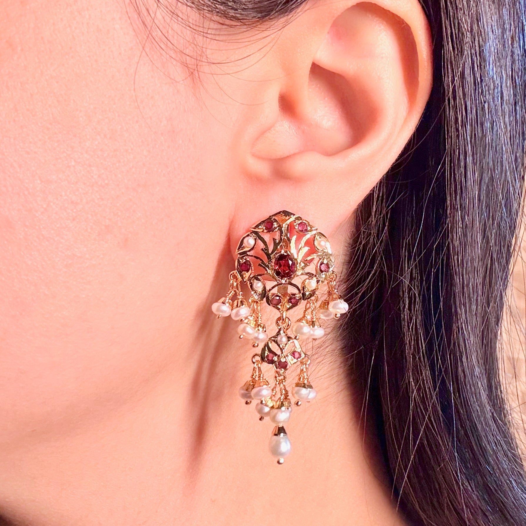 Garnet and Pearl Earrings For Women | Gold Plated on 925 Silver ER 620