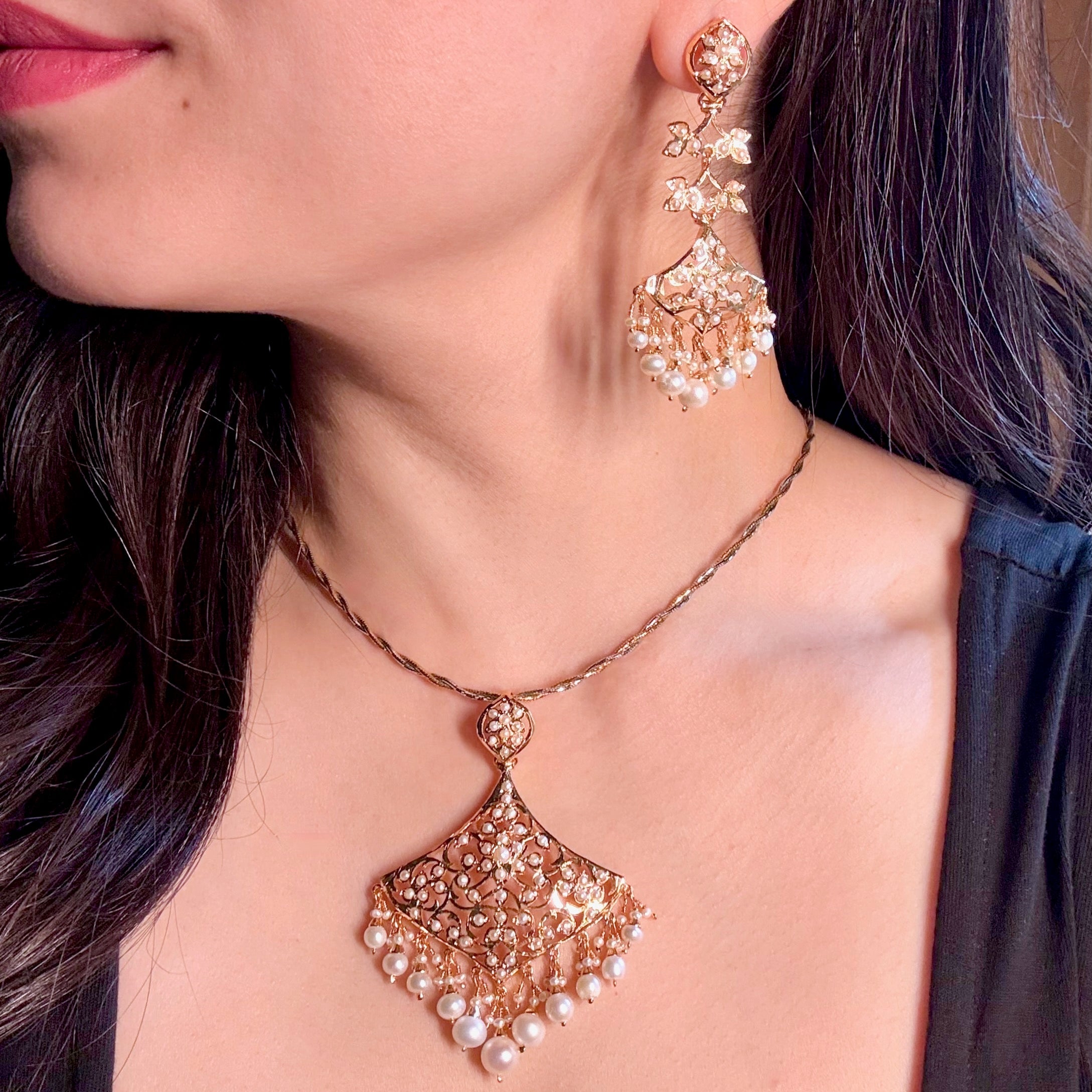 Exquisite Pearl Locket & Earrings Set | Gold Plated on Silver PS 135