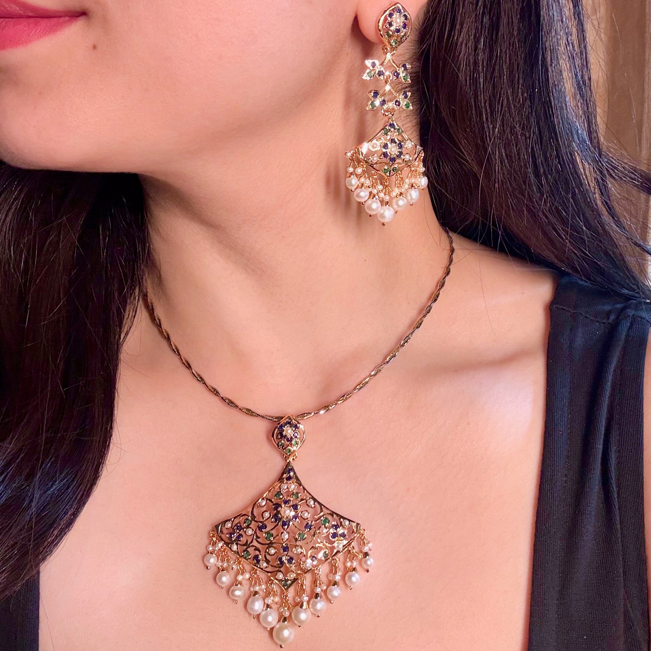 Antique Design Pendant Set | Gold Plated Indian Silver Jewelry Online PS 136