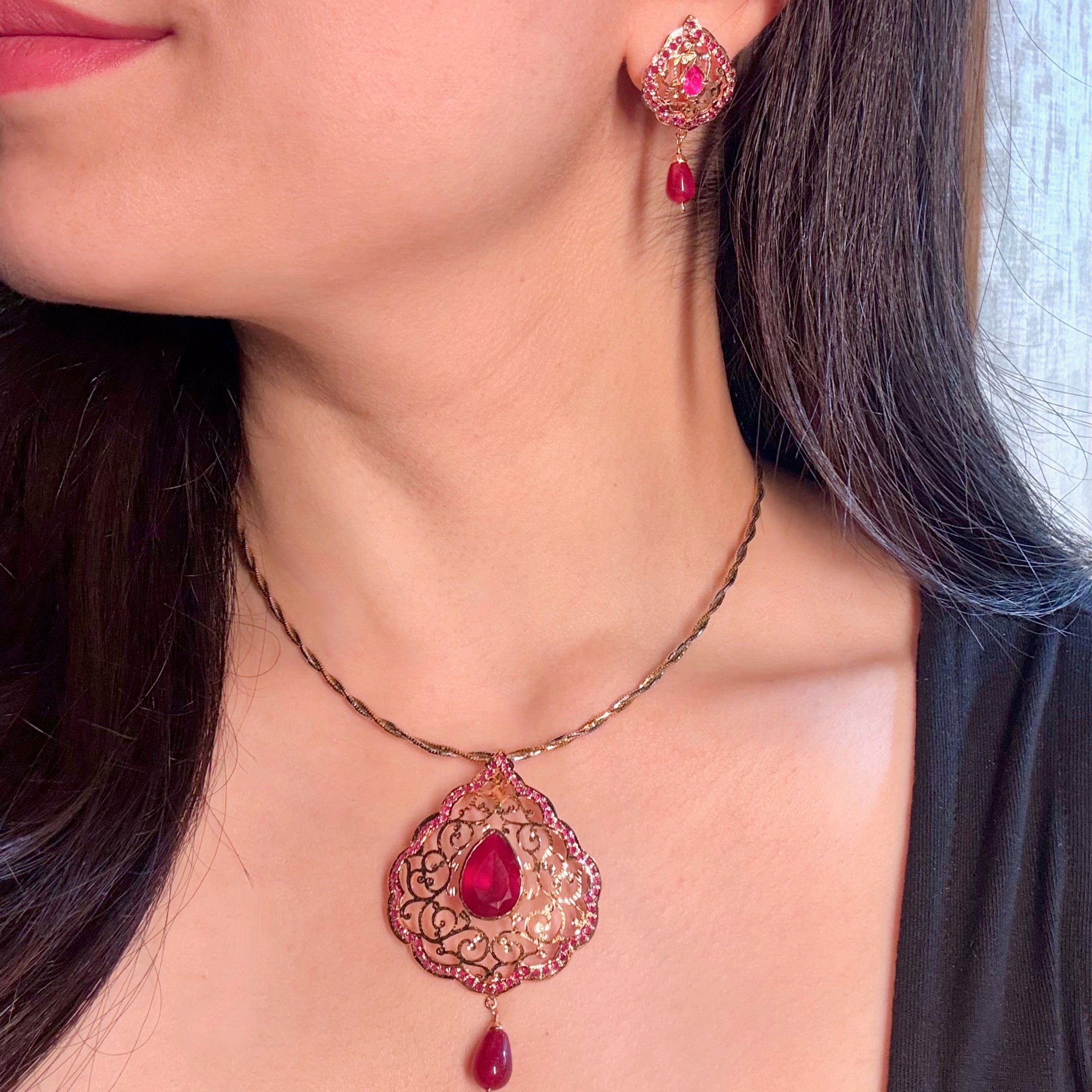 Jadau Pendant Set with Filigree Work | Red Stones | Silver Base PS 127