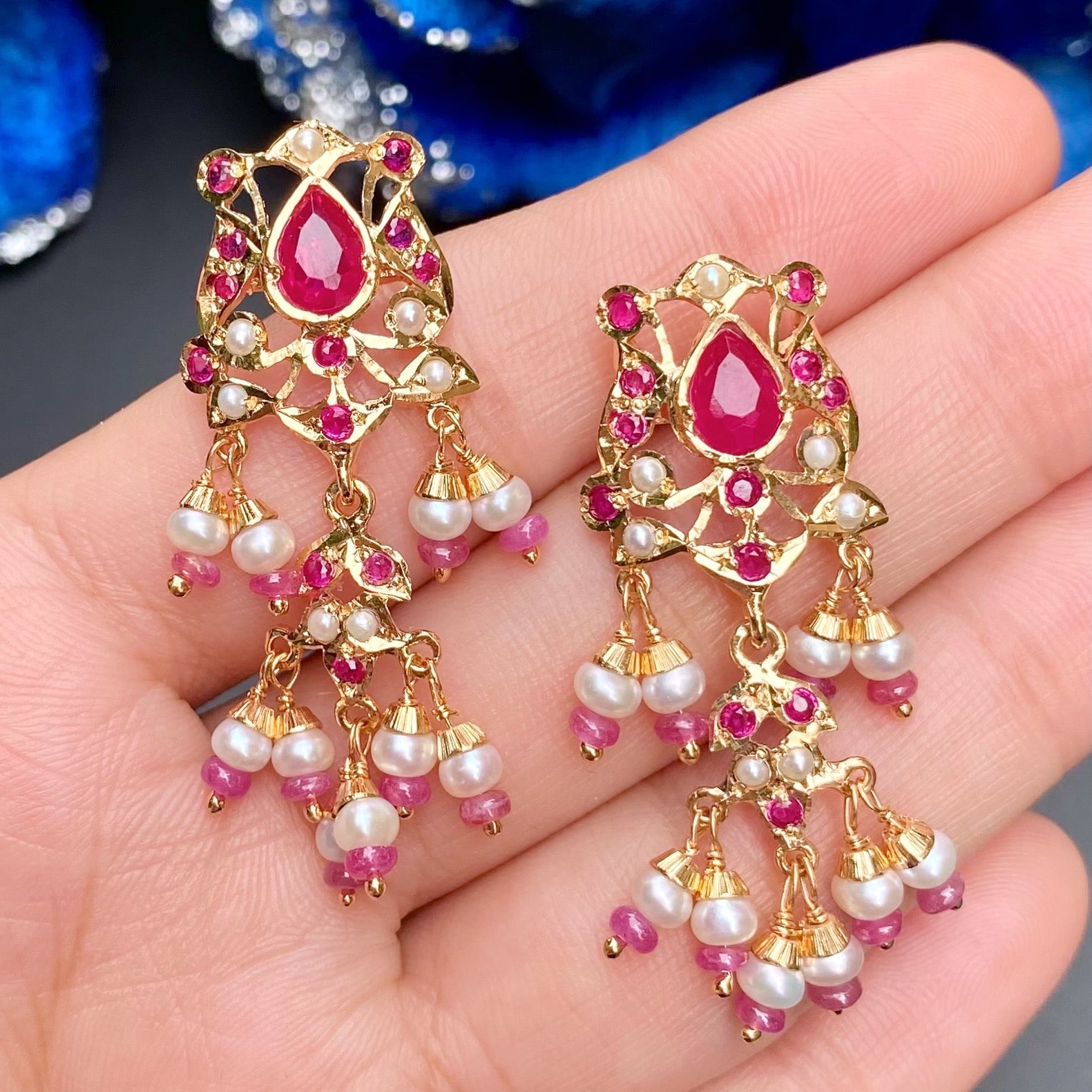Ruby and Pearl Stud Earrings | Jadau Tops on Silver Base for Women ER 590