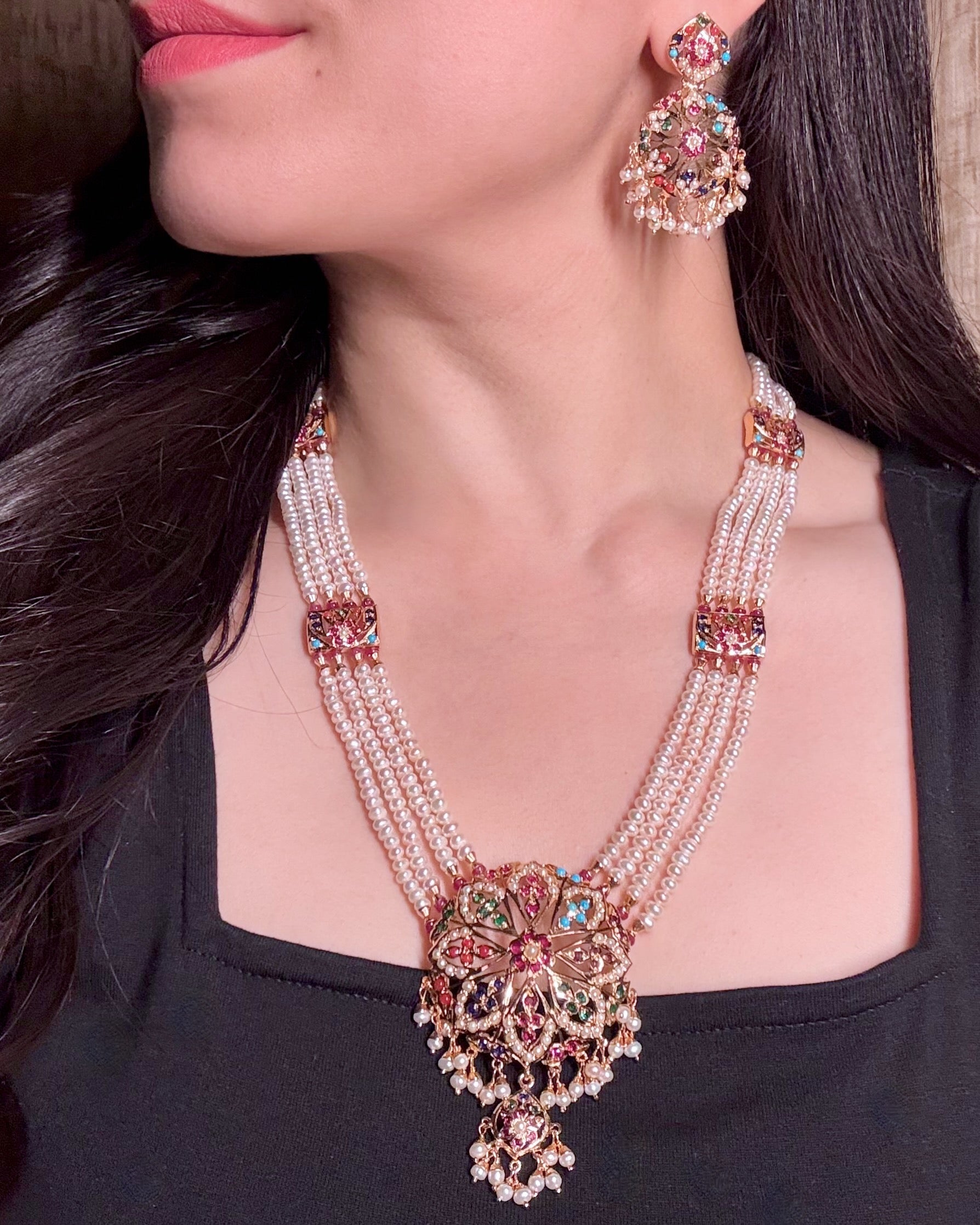 Navratana Rani Haar Set | Gold Plated on Silver | Authentic Freshwater Pearls NS 438