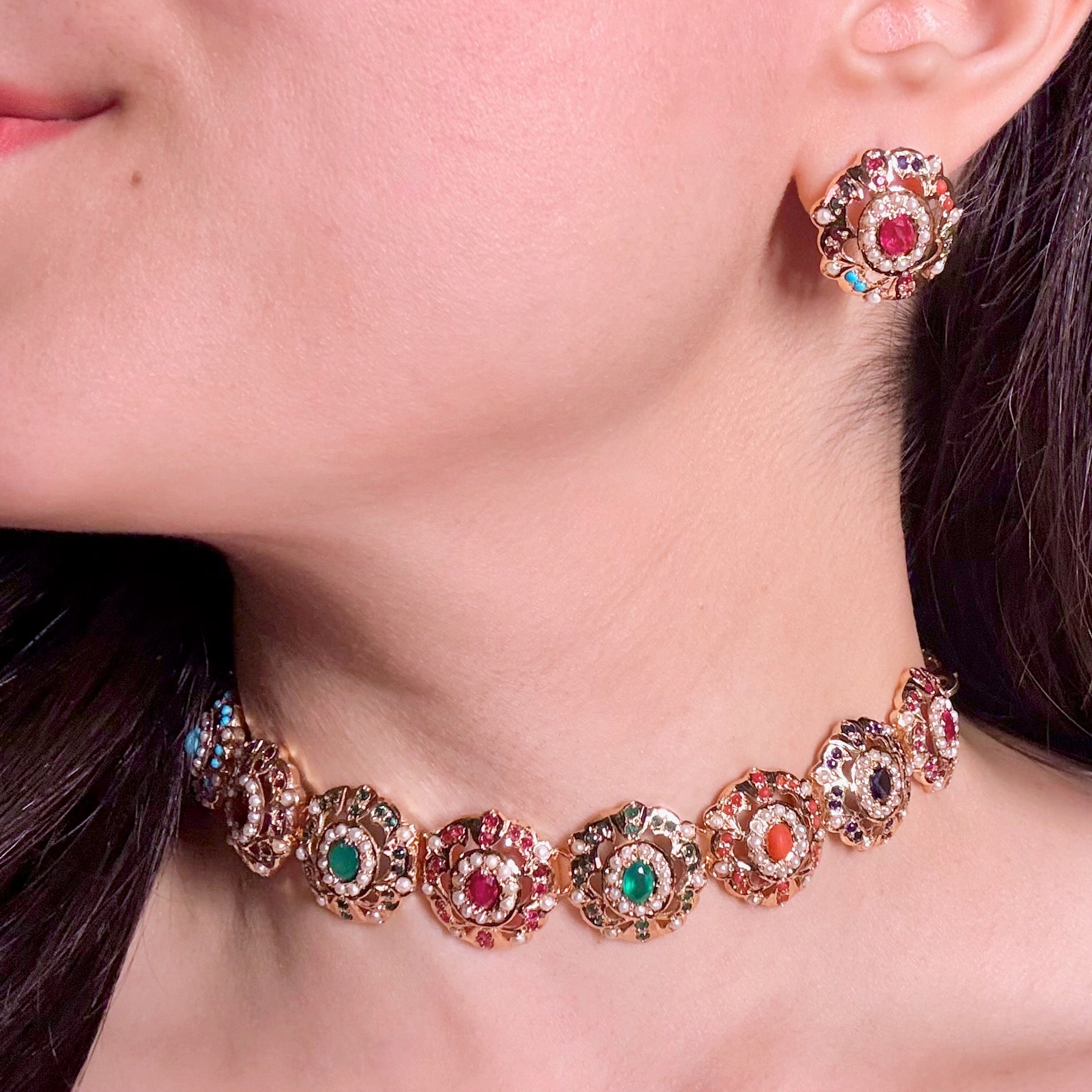 Premium Gold Plated Jadau Choker Set | Sterling Silver Base NS 435