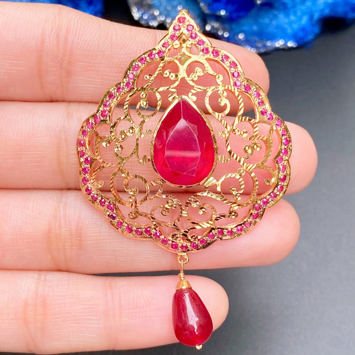 Jadau Pendant Set with Filigree Work | Red Stones | Silver Base PS 127