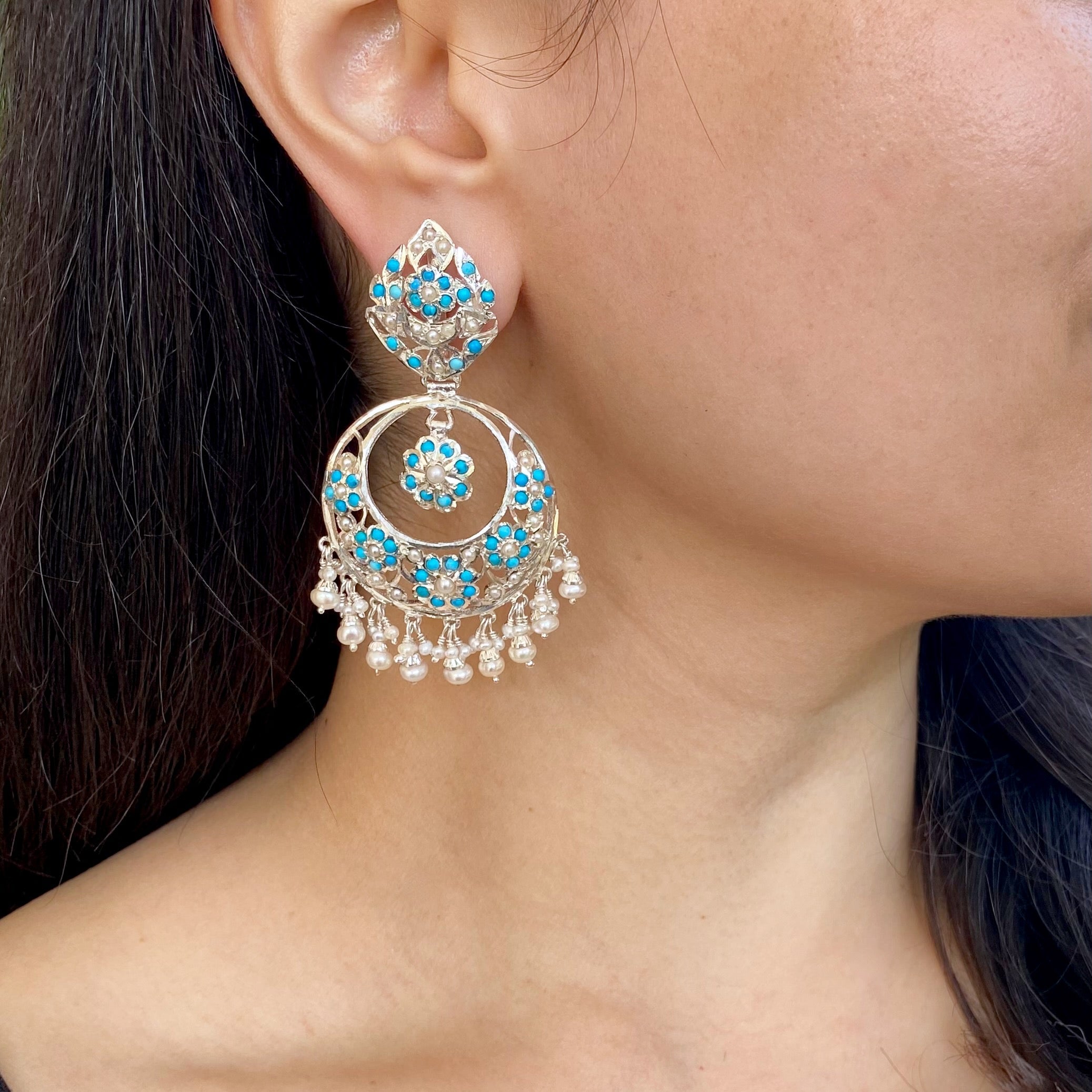 indian chandbali earrings with pearls and feroza