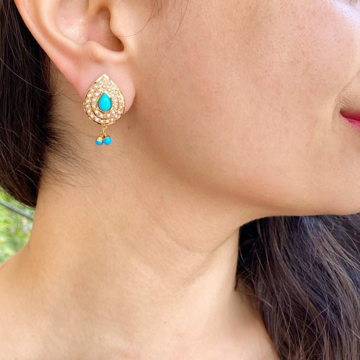 pearl tuquoise studs for women in gold