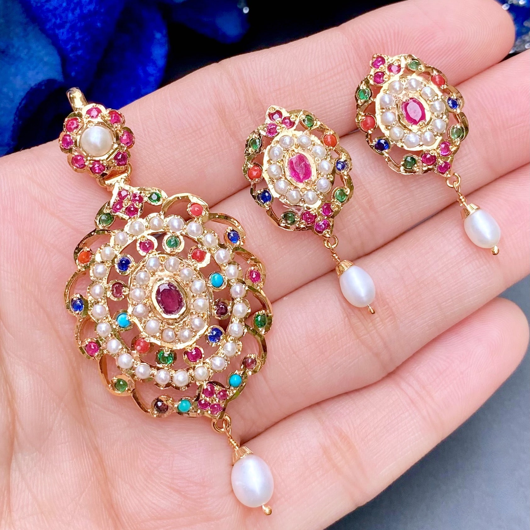 Delicate Navratna Pendant Set | Gold Plated on Silver Base PS 132