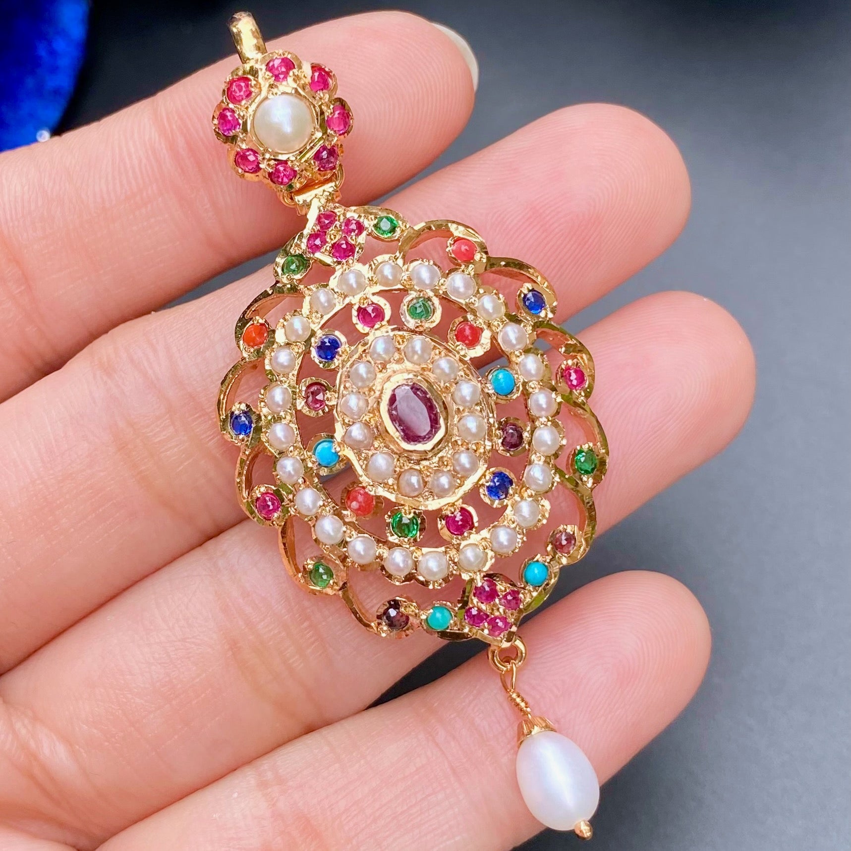 Delicate Navratna Pendant Set | Gold Plated on Silver Base PS 132